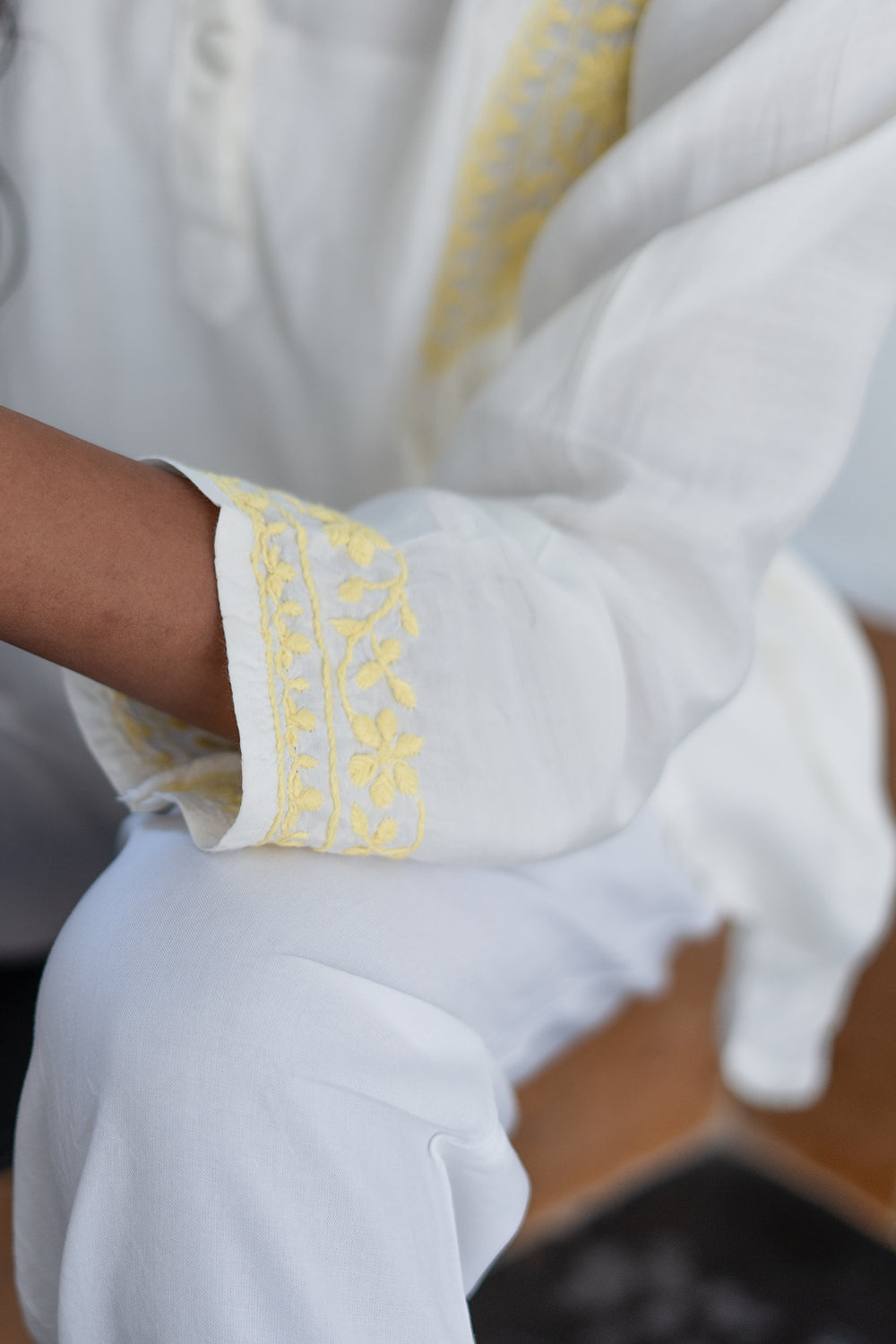 Husn Ivory & Yellow Muslin Short Chikankari Kurti