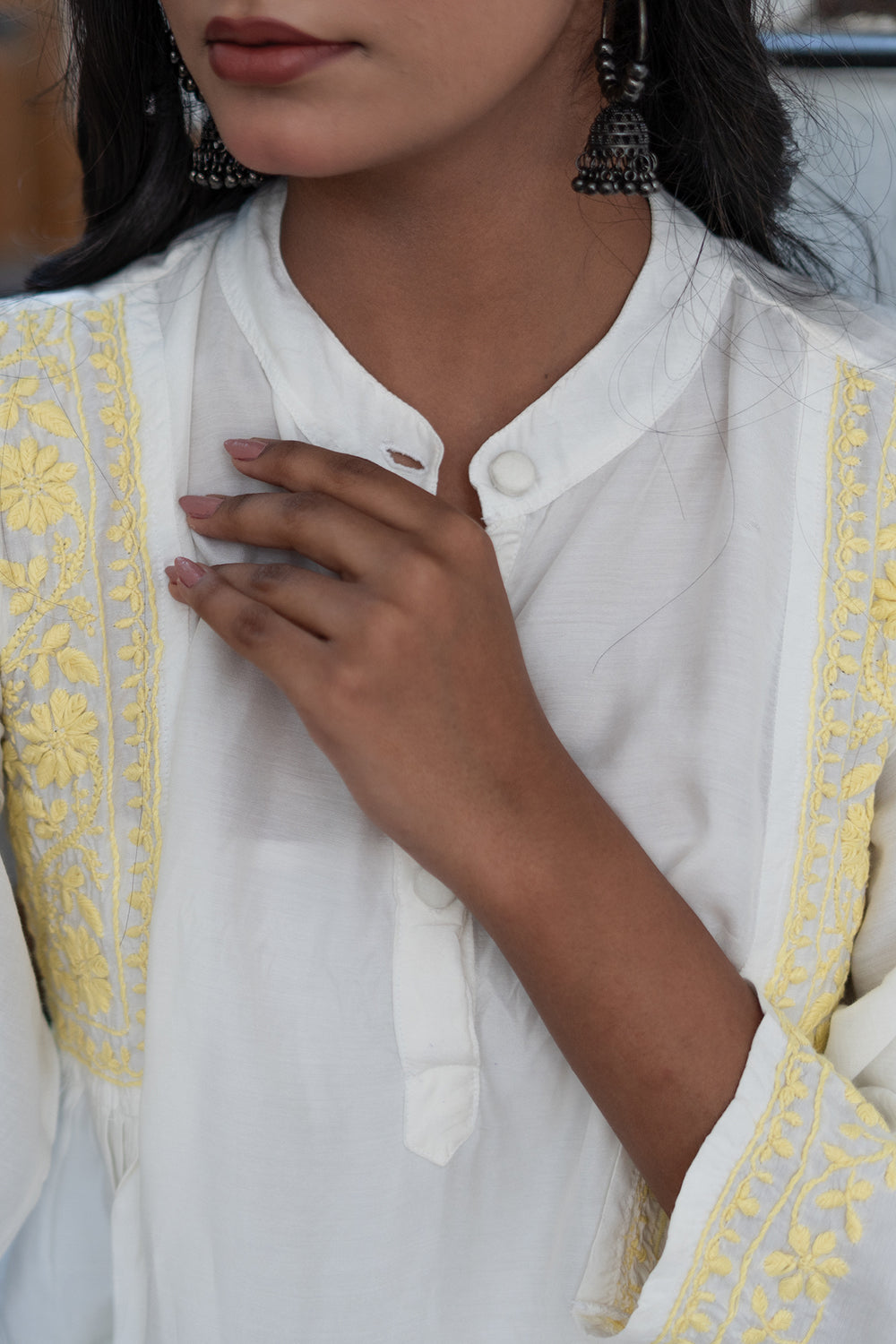 Husn Ivory & Yellow Muslin Short Chikankari Kurti
