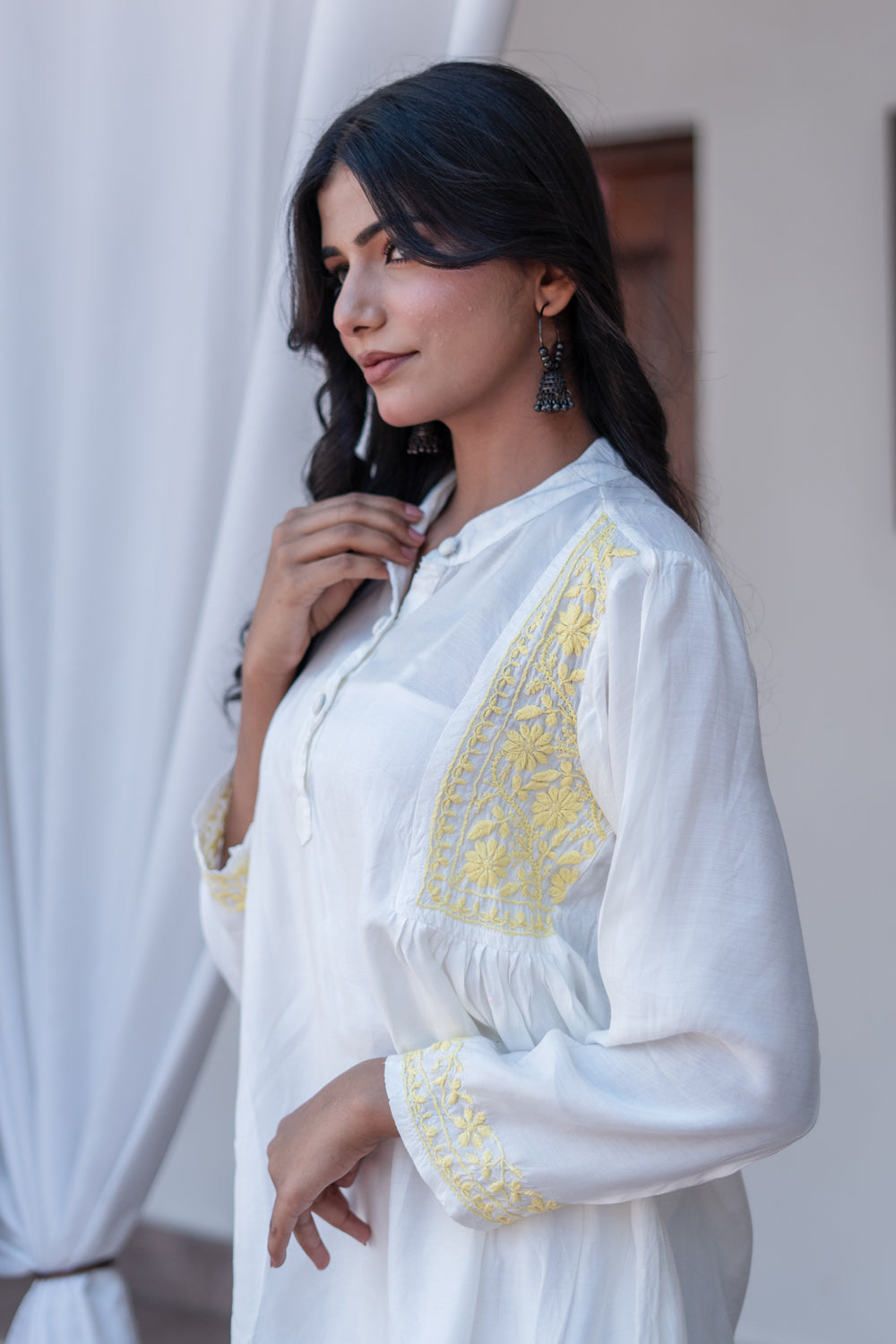 Husn Ivory & Yellow Muslin Short Chikankari Kurti
