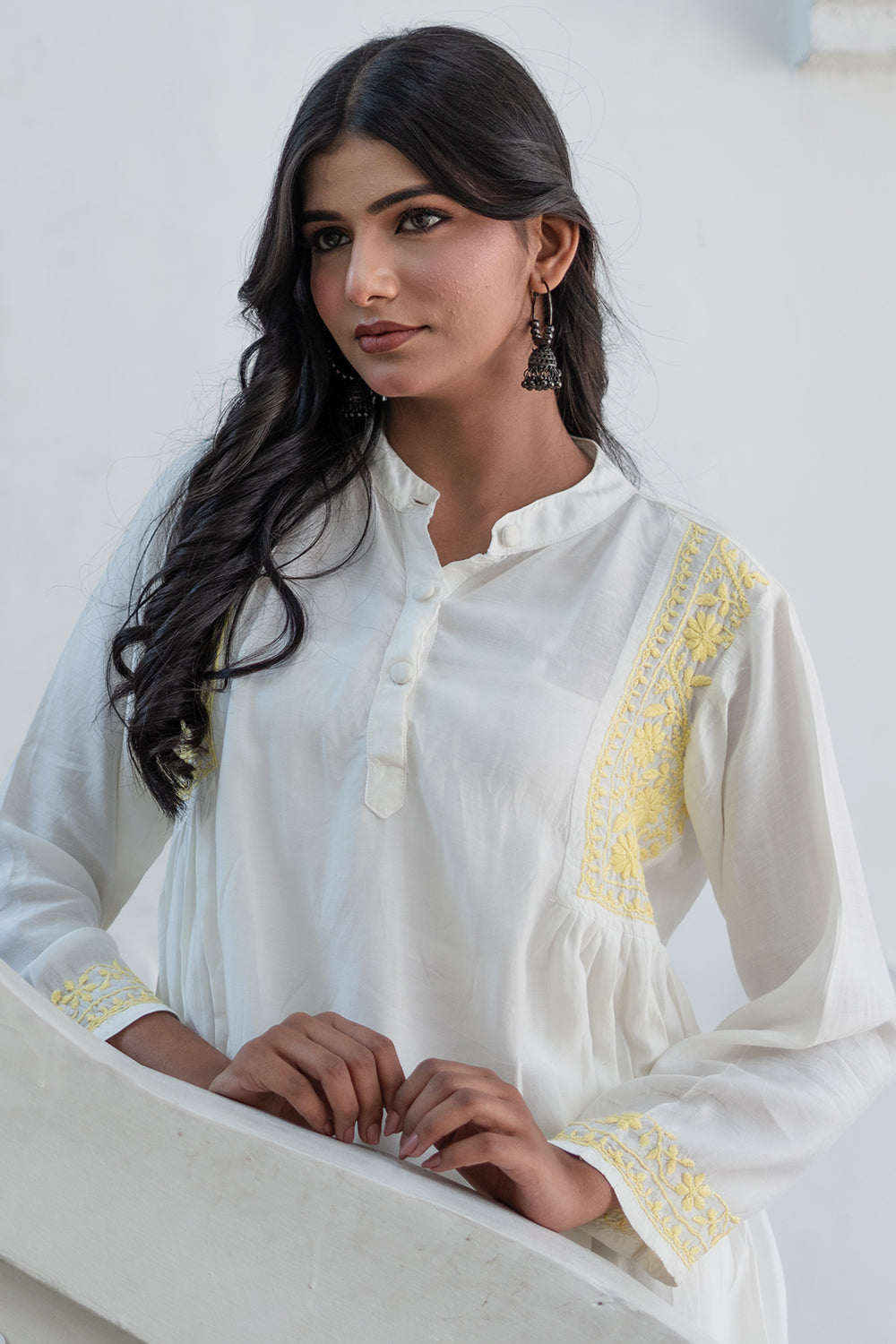 Husn Ivory & Yellow Muslin Short Chikankari Kurti
