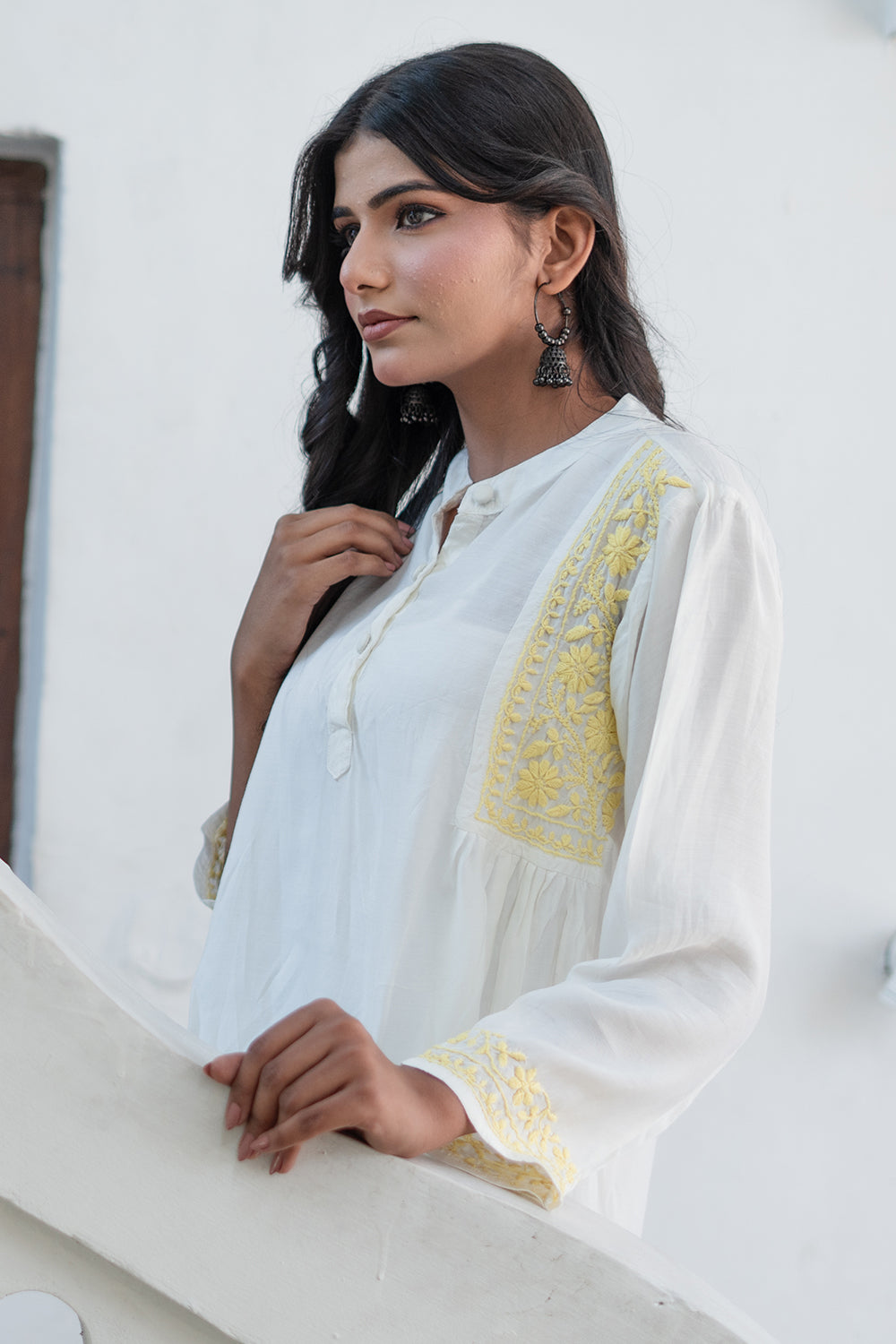 Husn Ivory & Yellow Muslin Short Chikankari Kurti