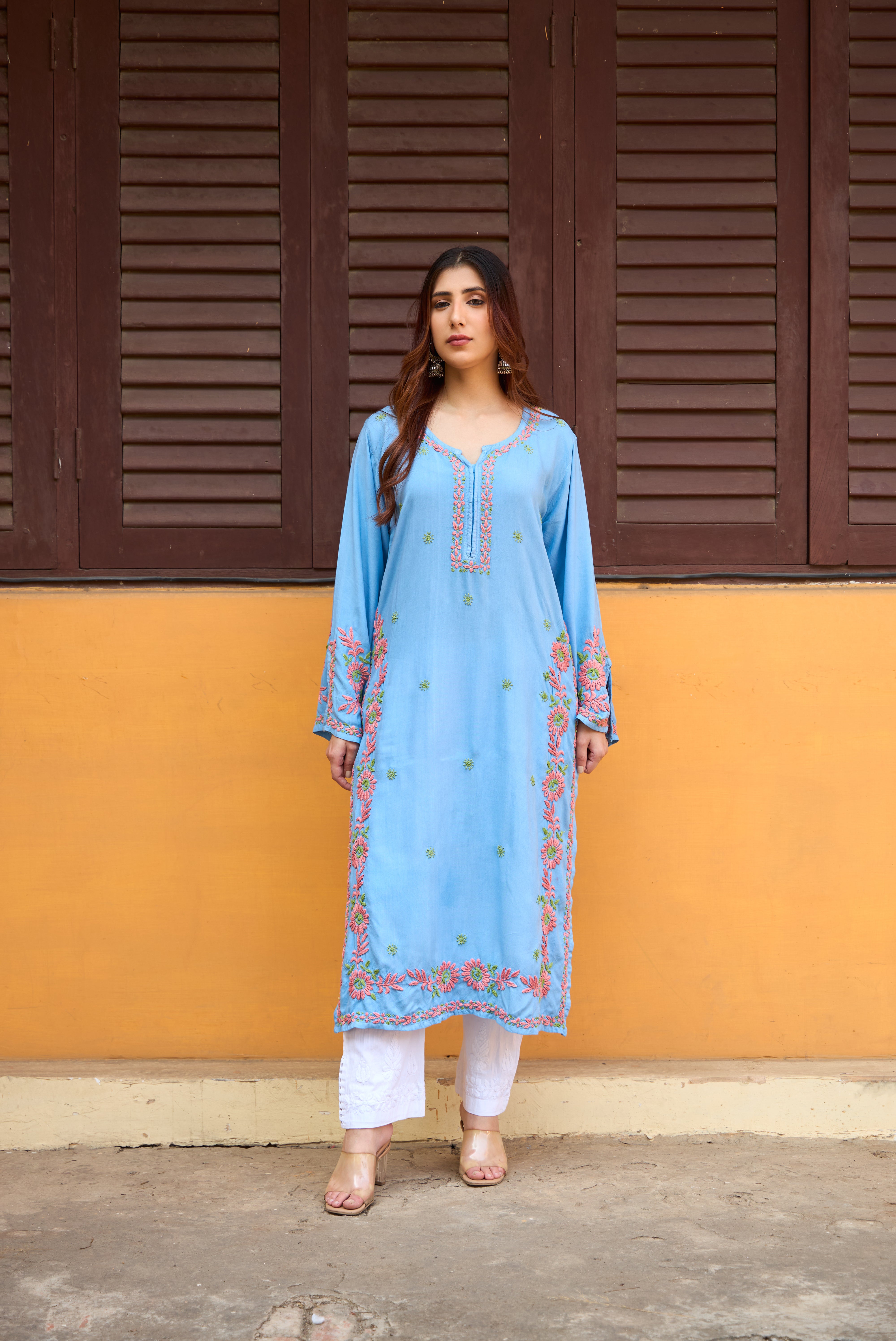Nazm Rayon Powder Blue Blossom Chikankari Kurta