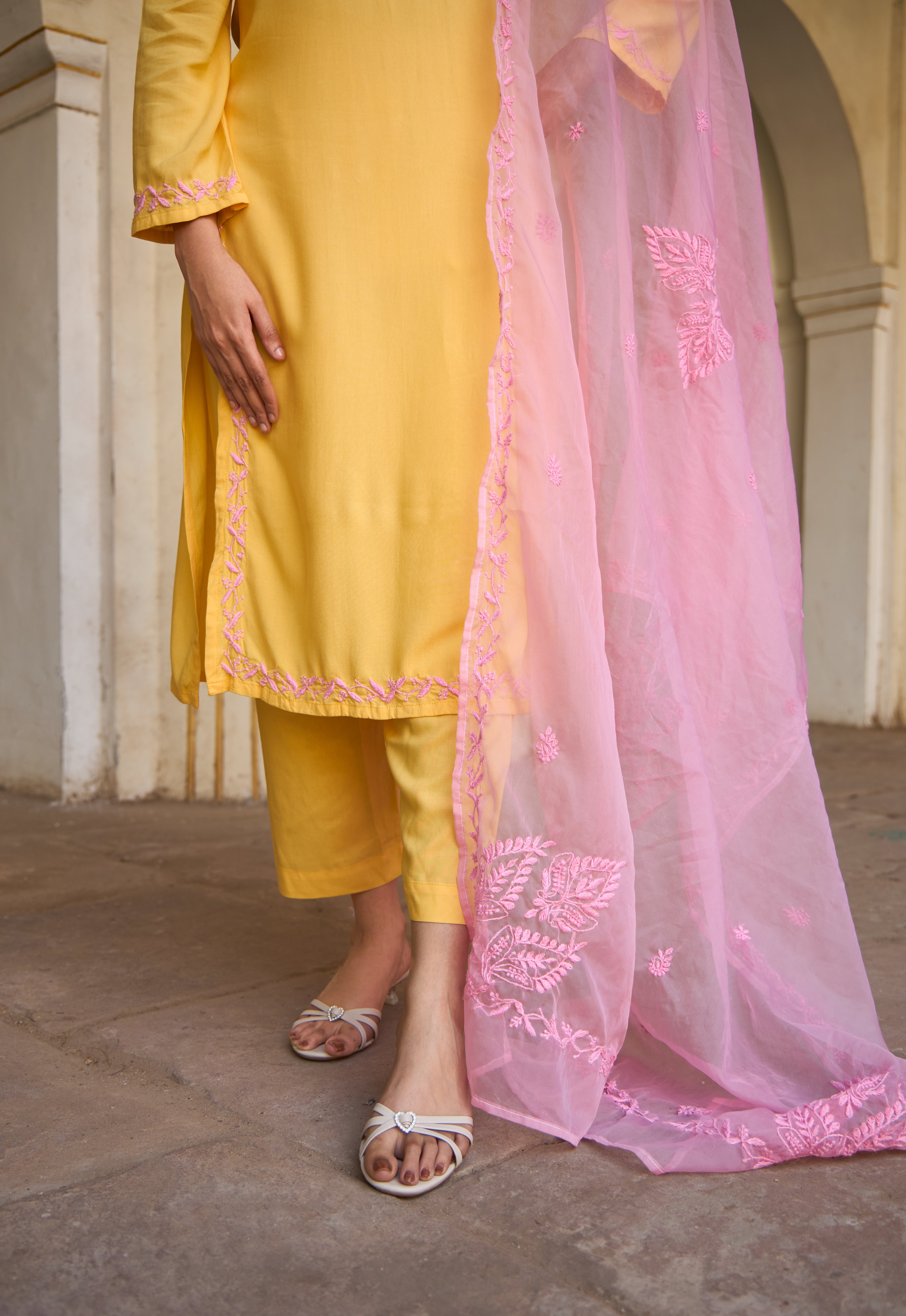 Nazm Rayon Yellow Chikankari Kurta Set with Organza Dupatta