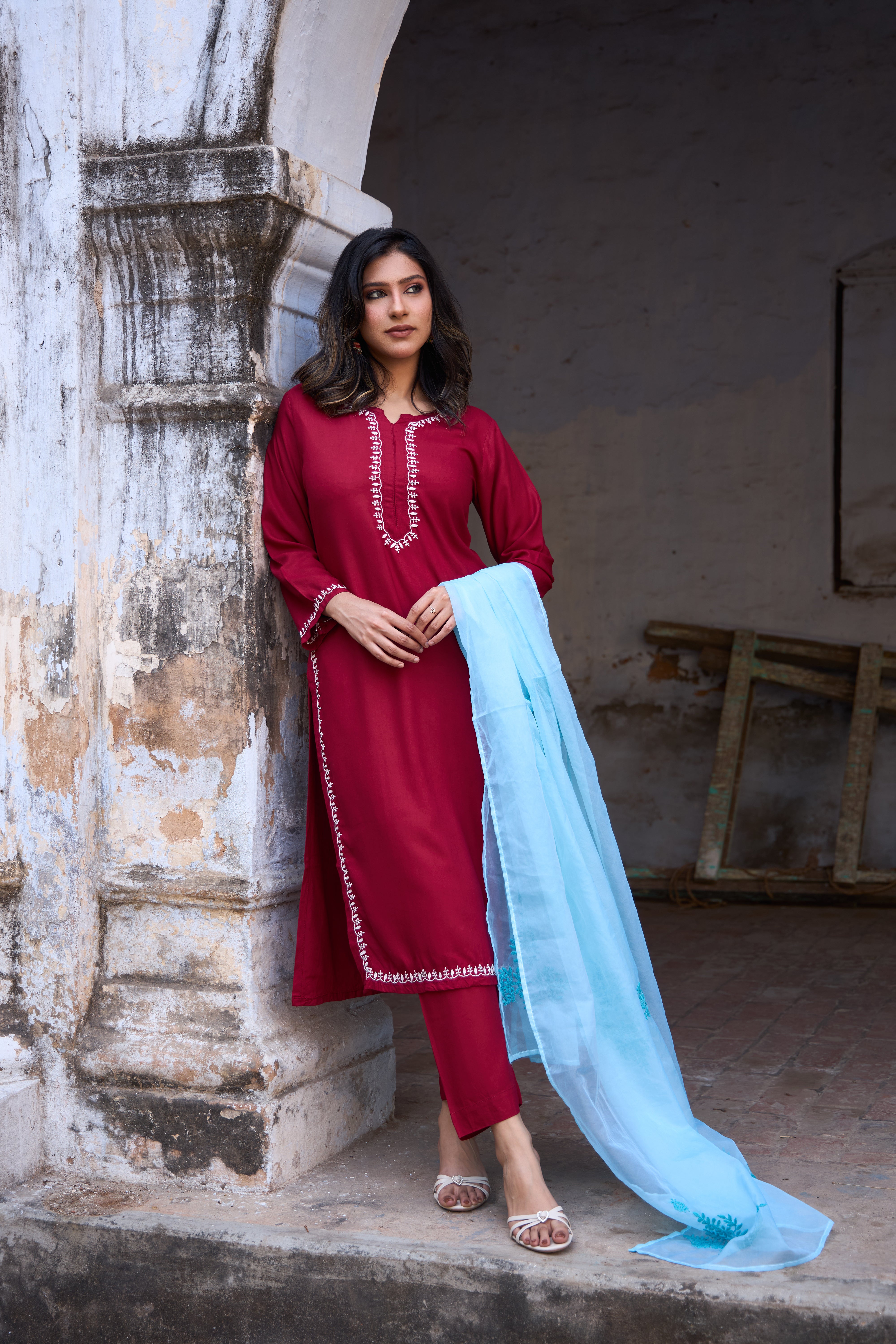 Nazm Rayon Red Chikankari Kurta Set with Organza Dupatta