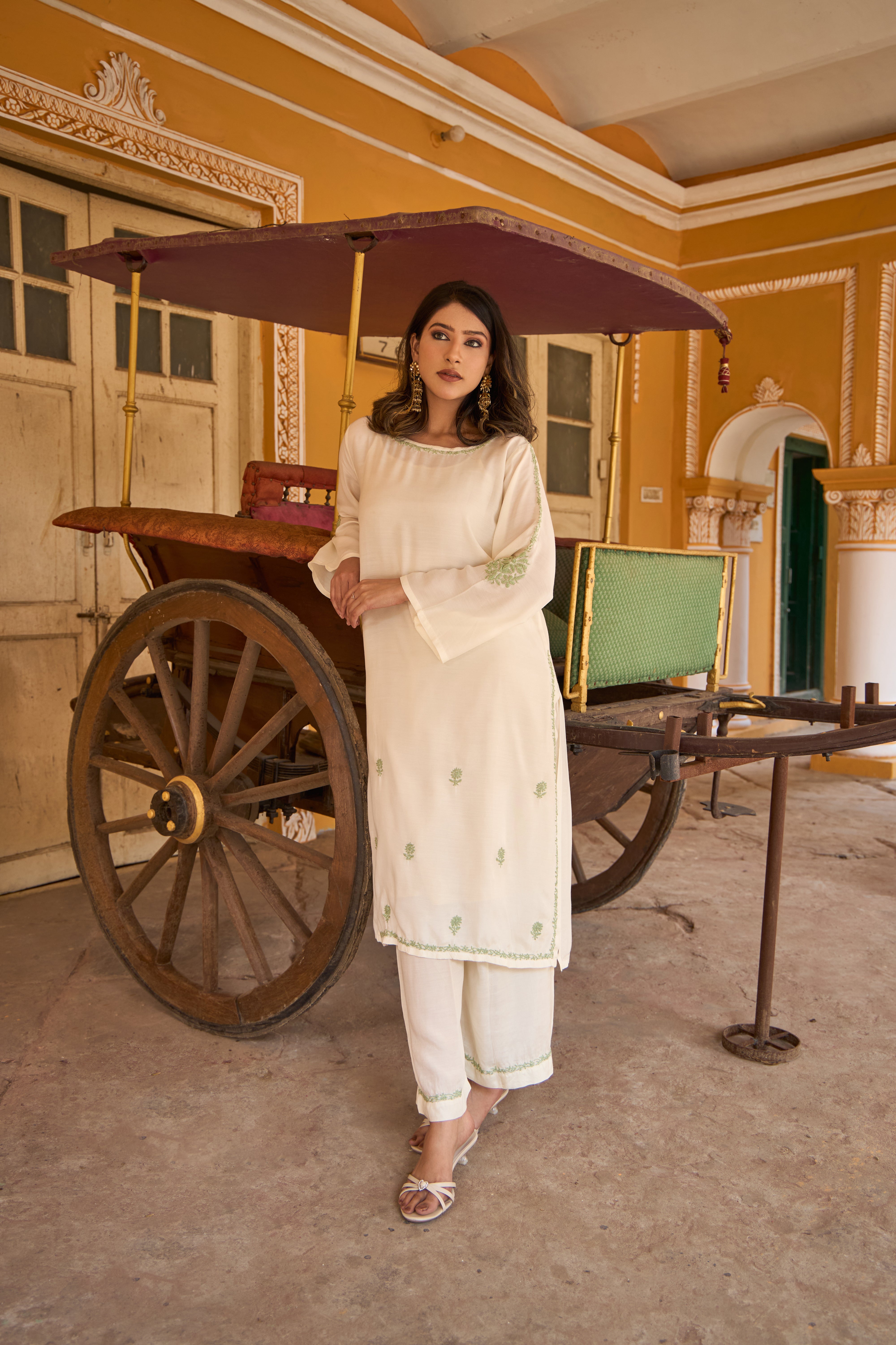Nazm Muslin Ivory & Sage Green Chikankari Coord Set