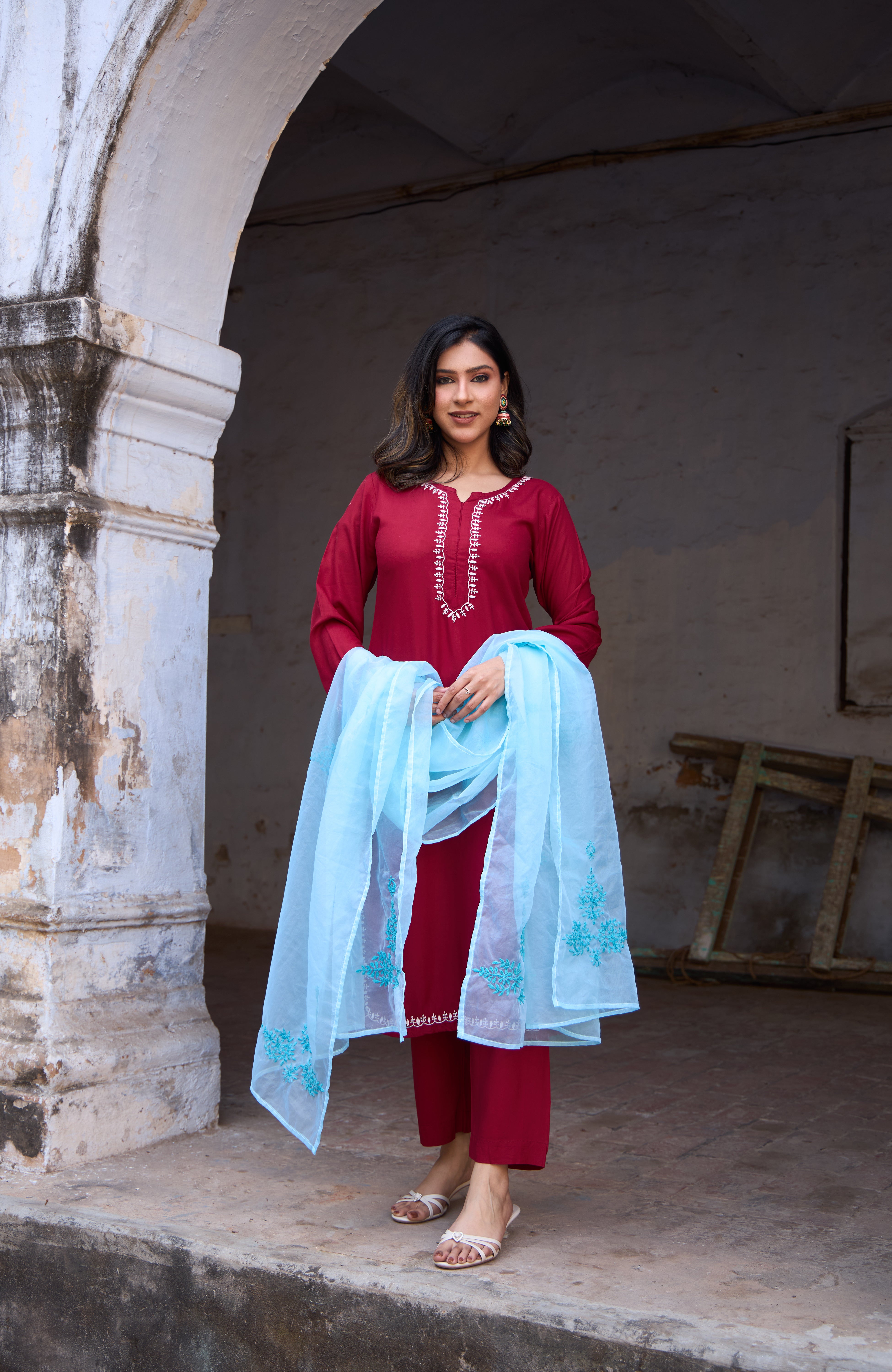 Nazm Rayon Red Chikankari Kurta Set with Organza Dupatta