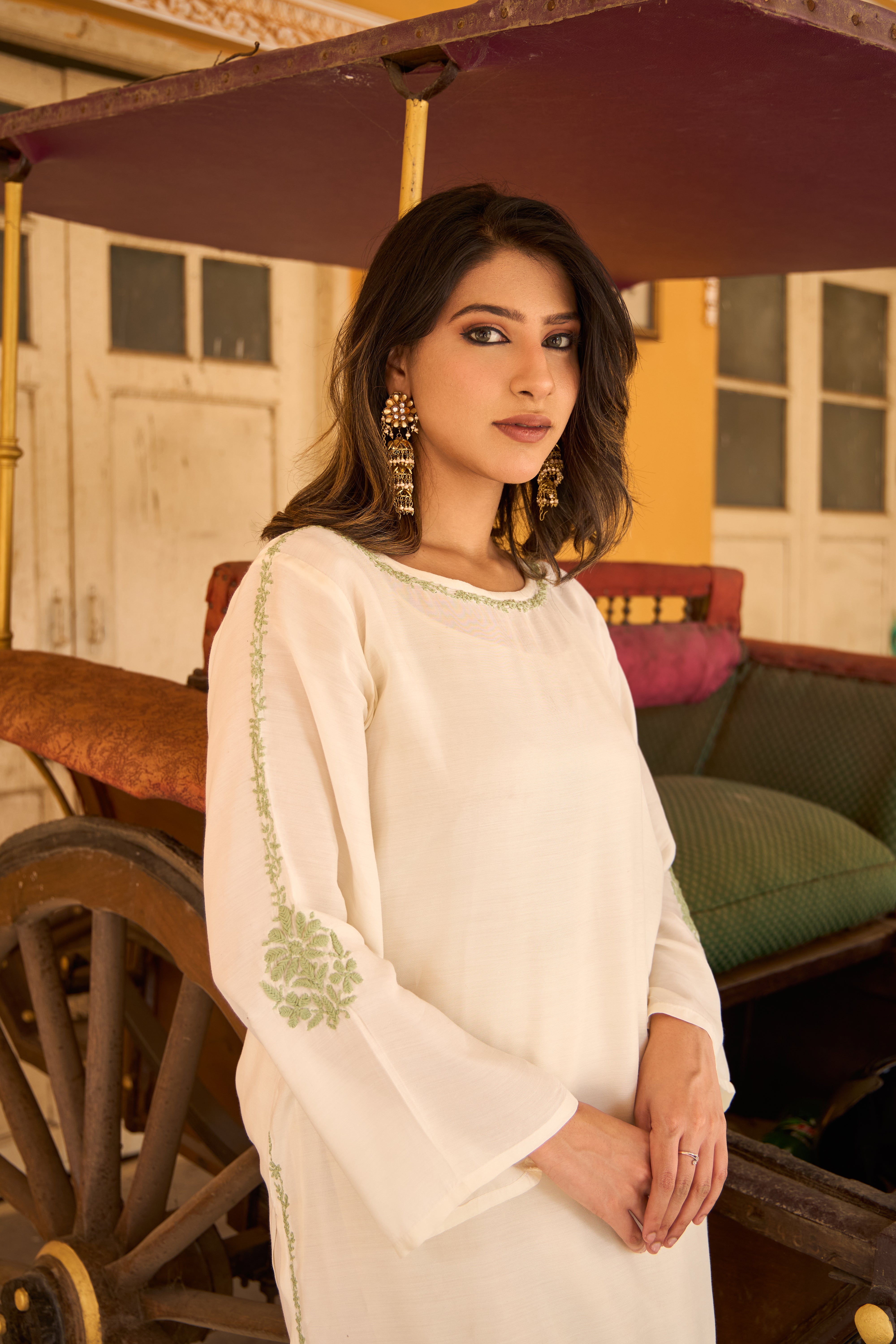 Nazm Muslin Ivory & Sage Green Chikankari Coord Set