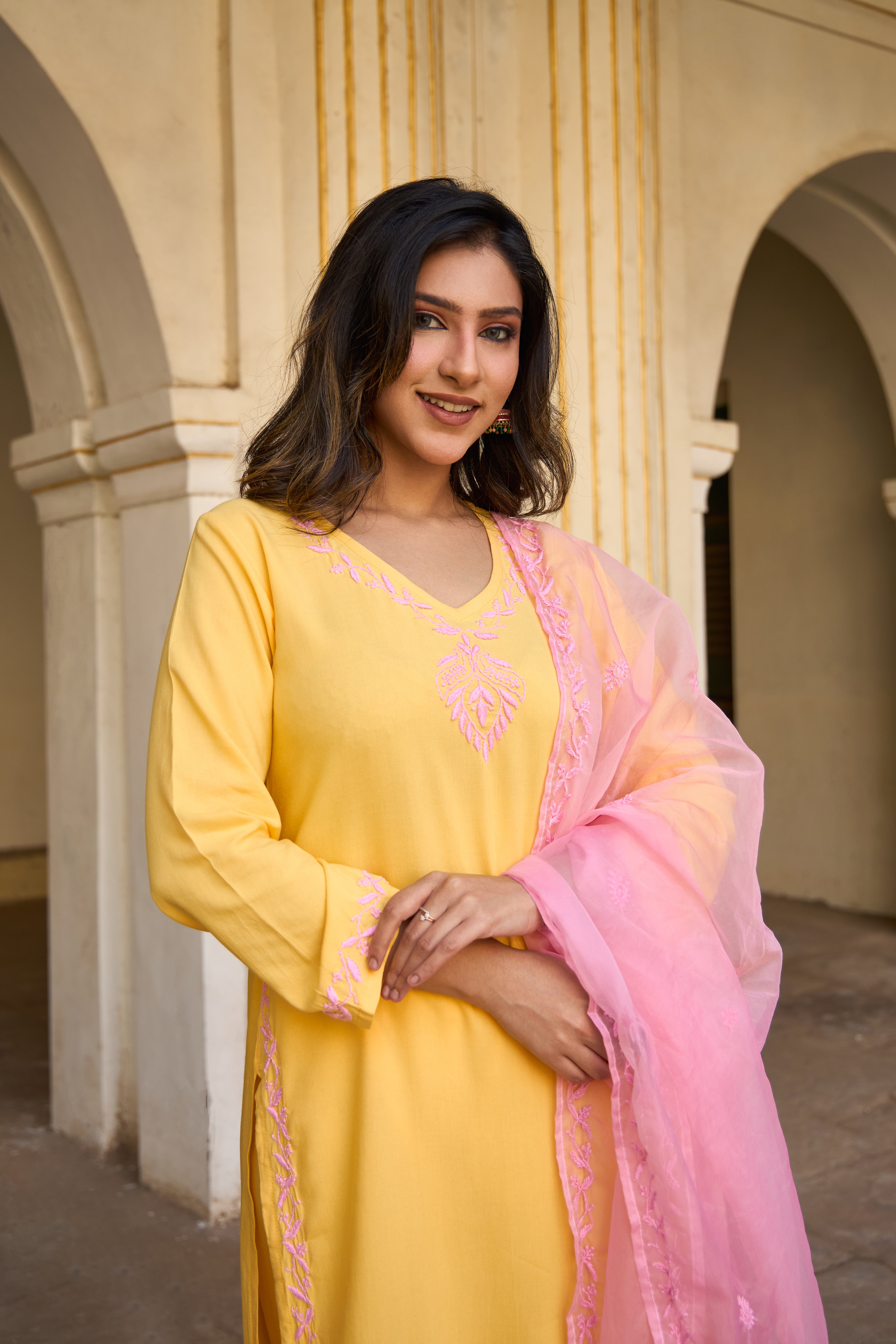Nazm Rayon Yellow Chikankari Kurta Set with Organza Dupatta