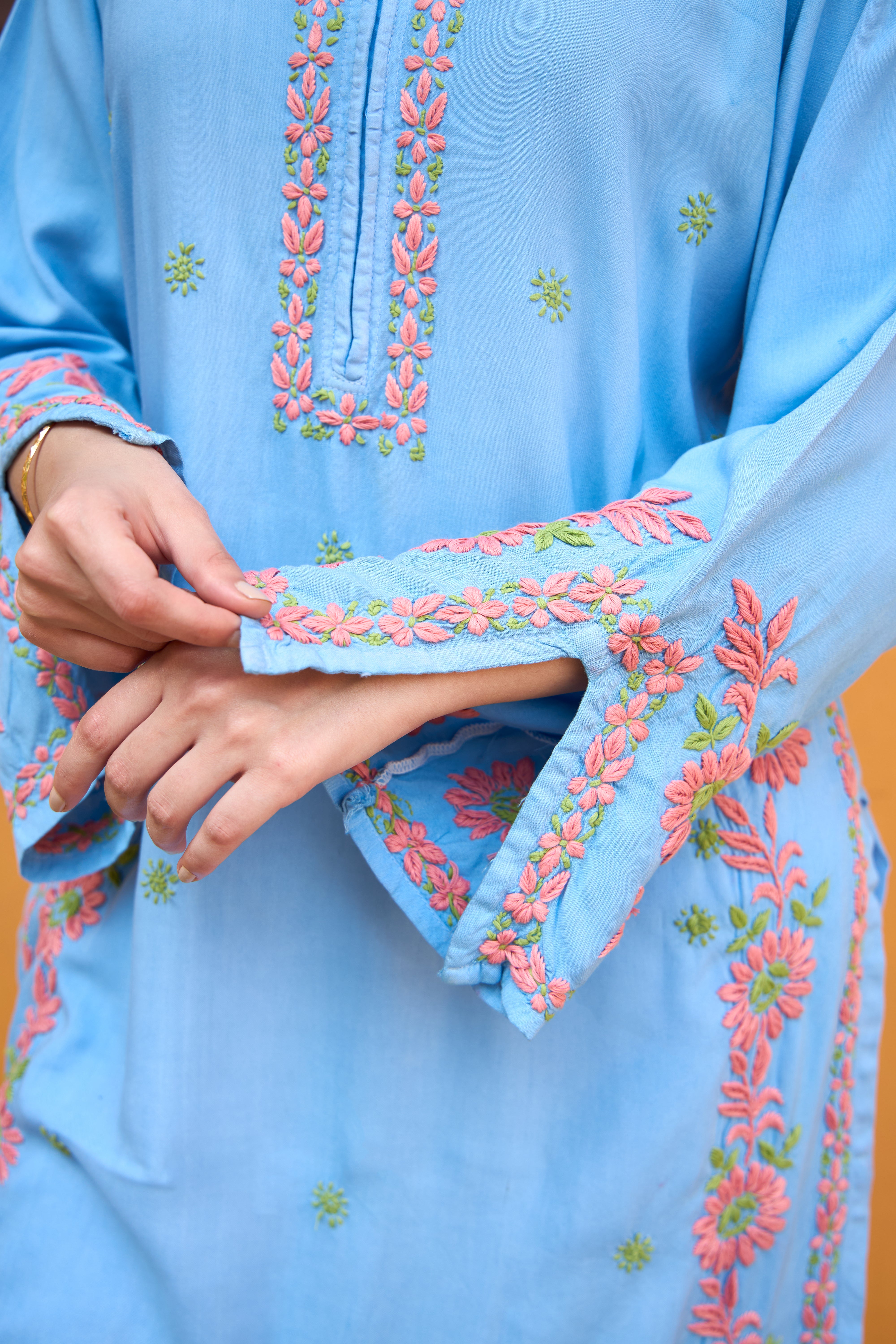 Nazm Rayon Powder Blue Blossom Chikankari Kurta