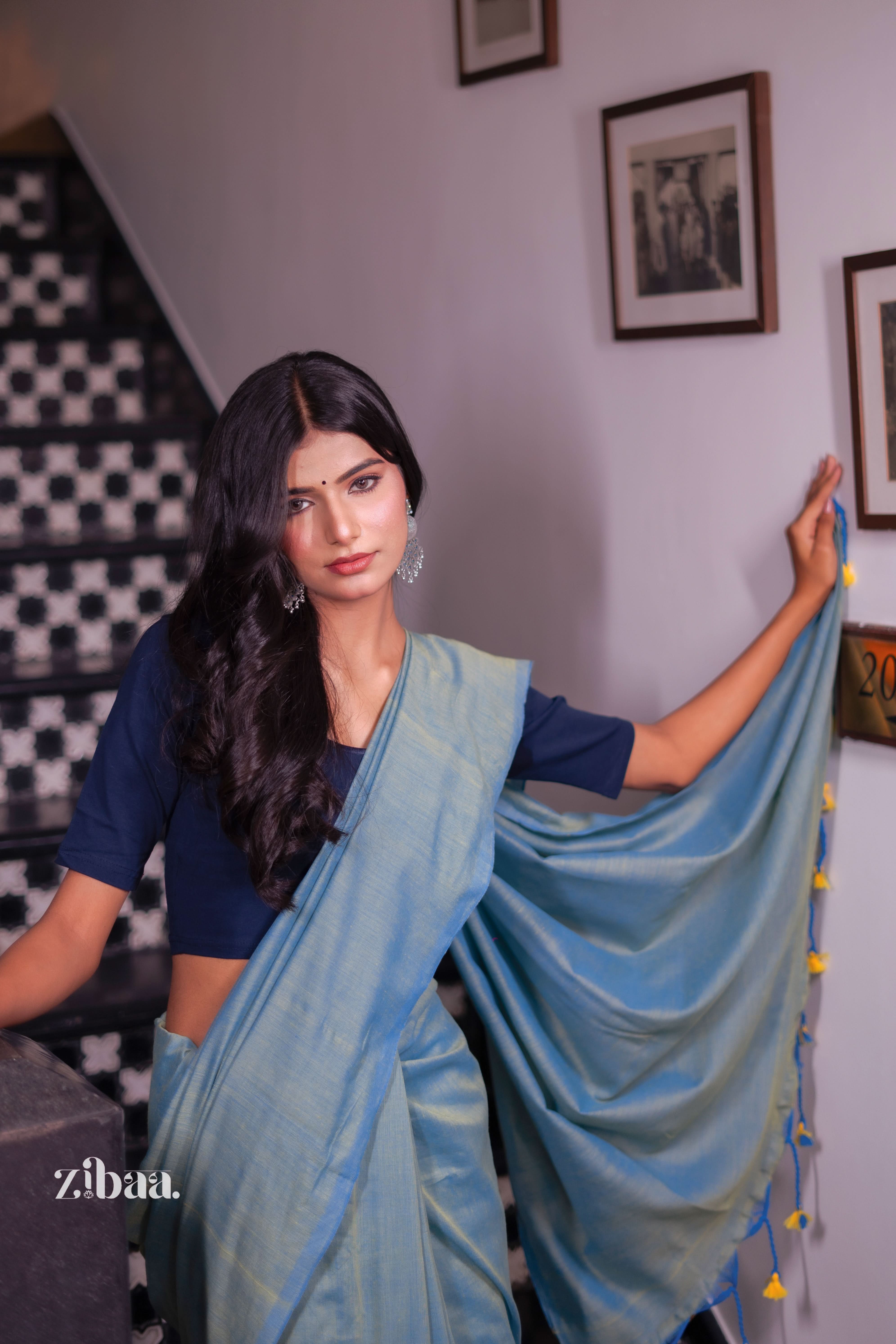 Mira Hand-Dyed Mul Cotton Teal Blue Saree with Tassels