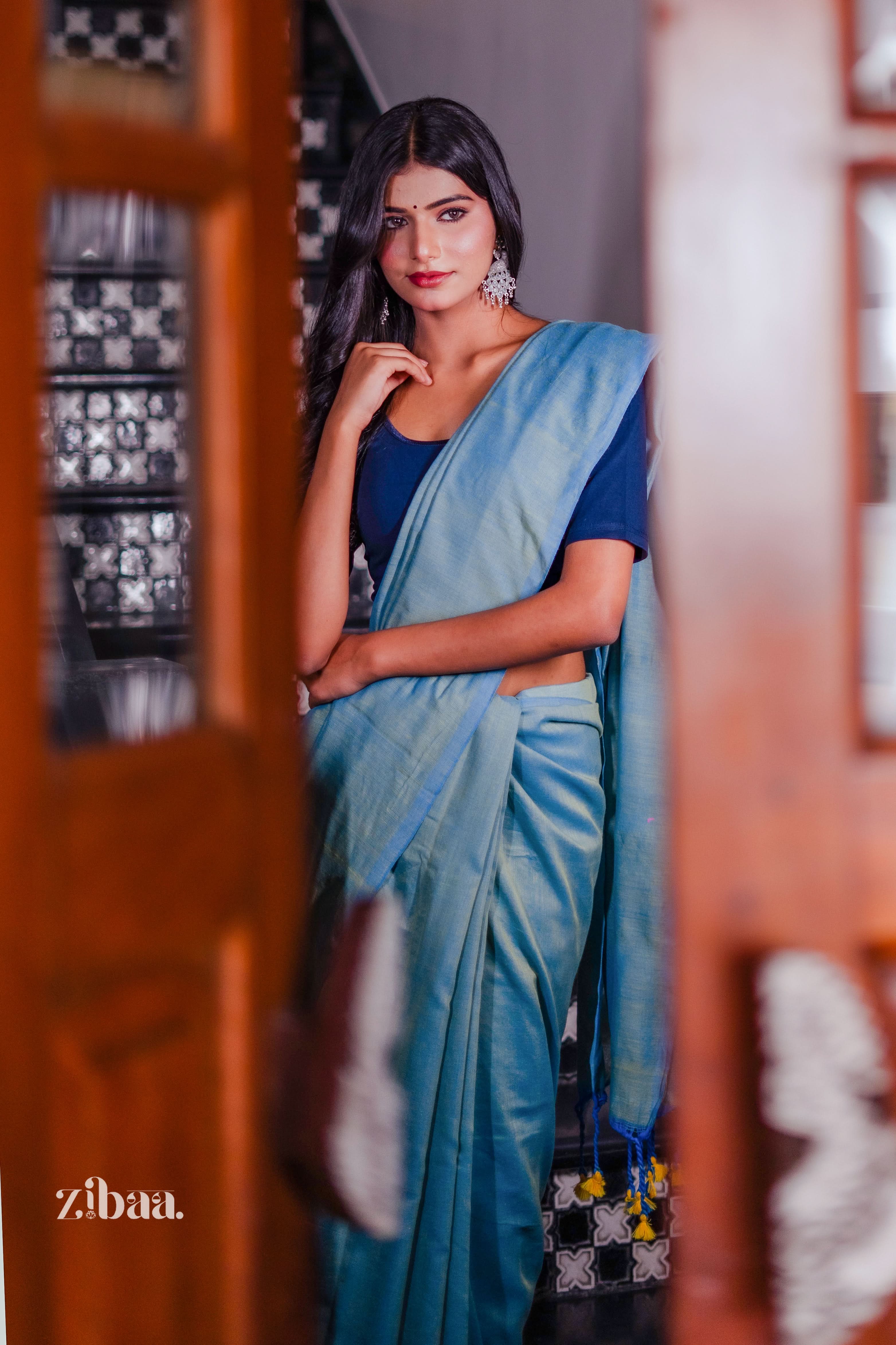 Mira Hand-Dyed Mul Cotton Teal Blue Saree with Tassels