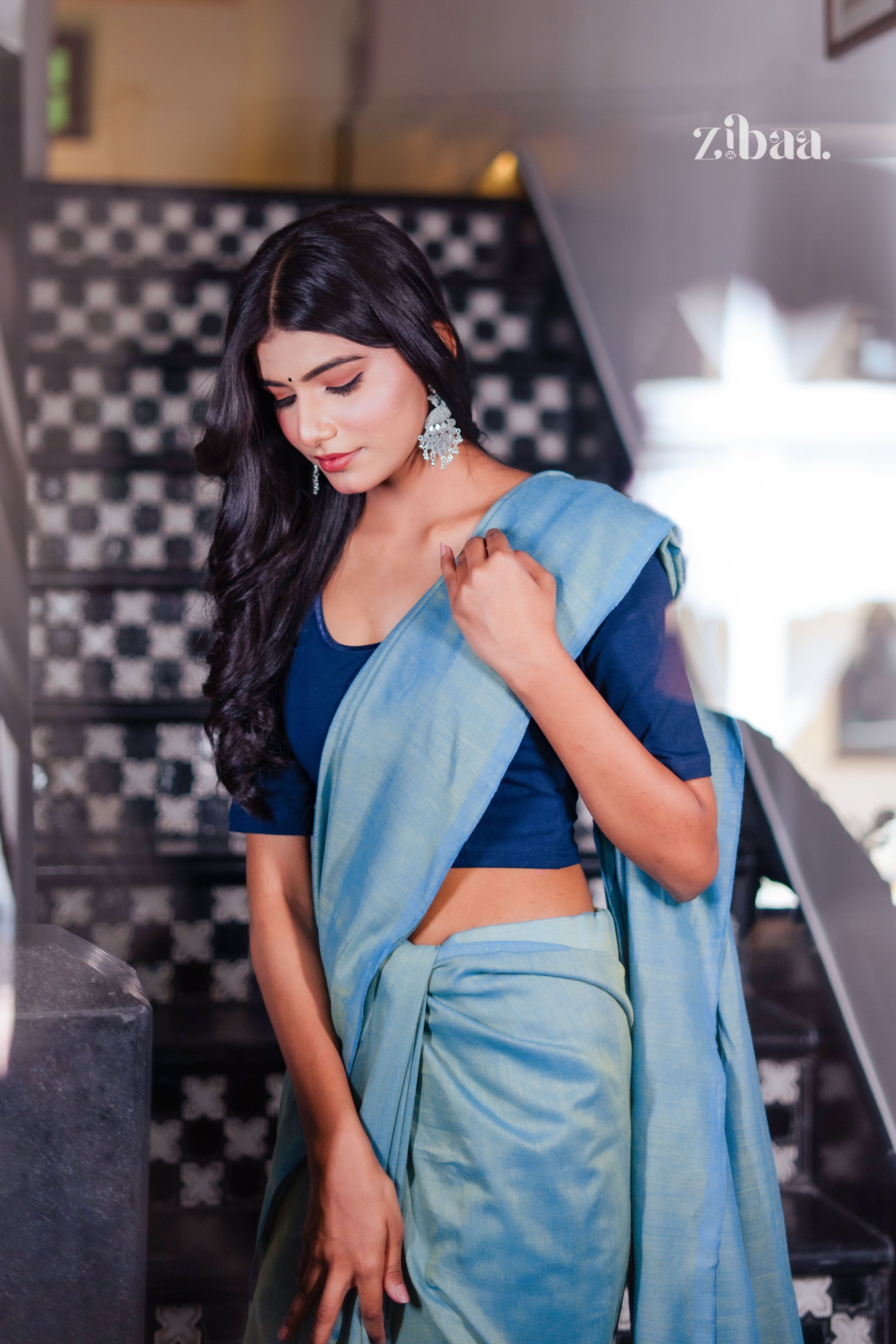Mira Hand-Dyed Mul Cotton Teal Blue Saree with Tassels