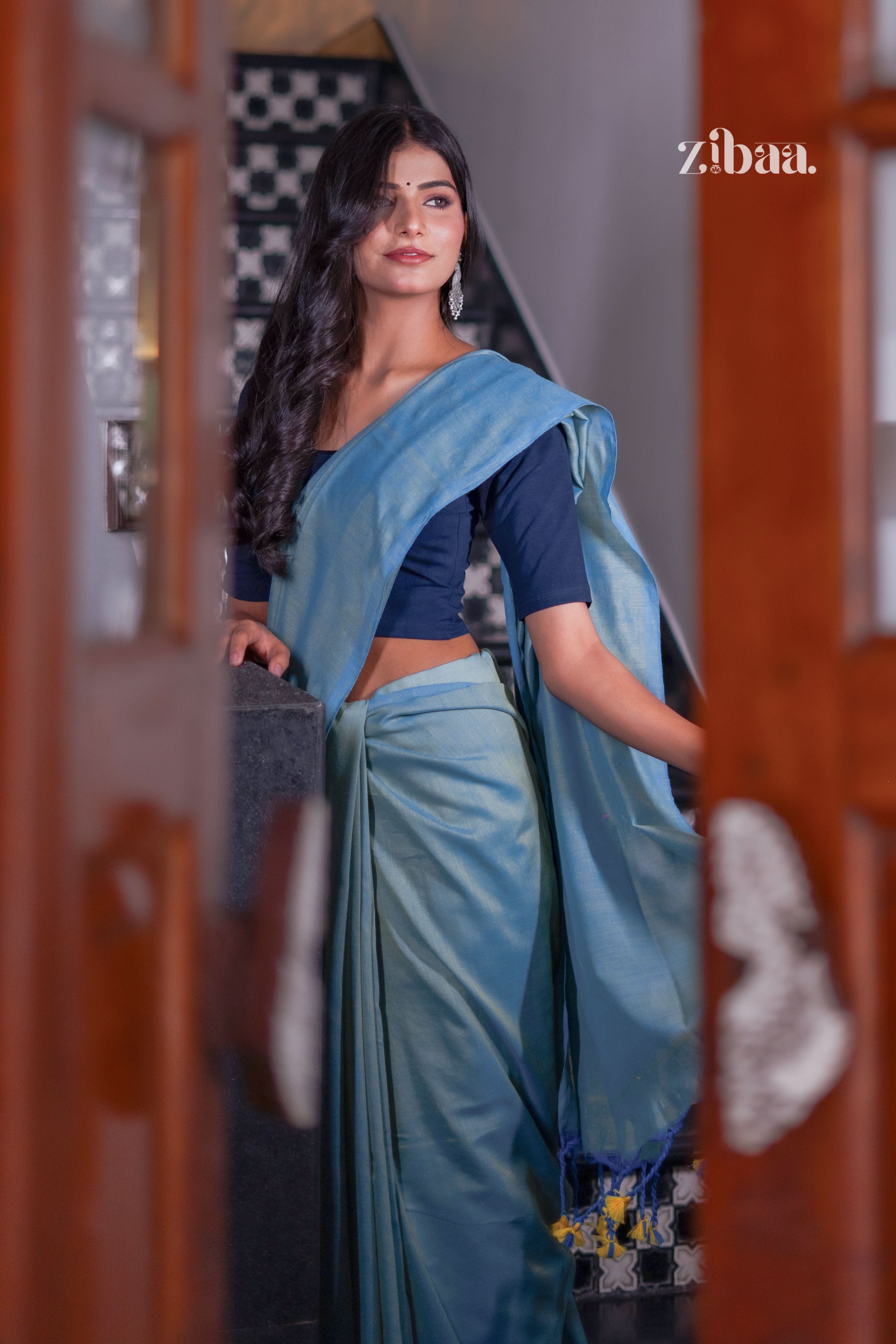 Mira Hand-Dyed Mul Cotton Teal Blue Saree with Tassels