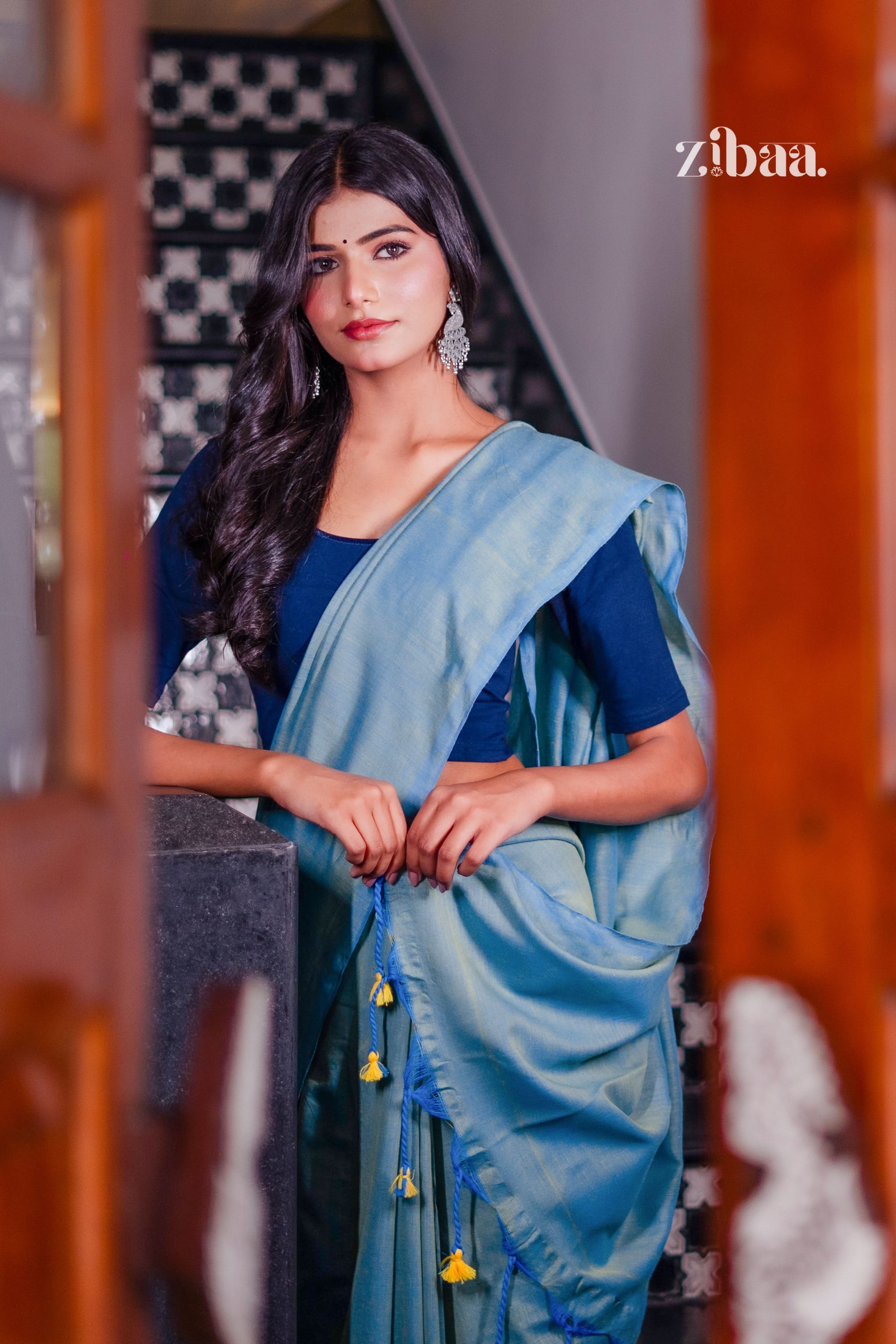 Mira Hand-Dyed Mul Cotton Teal Blue Saree with Tassels