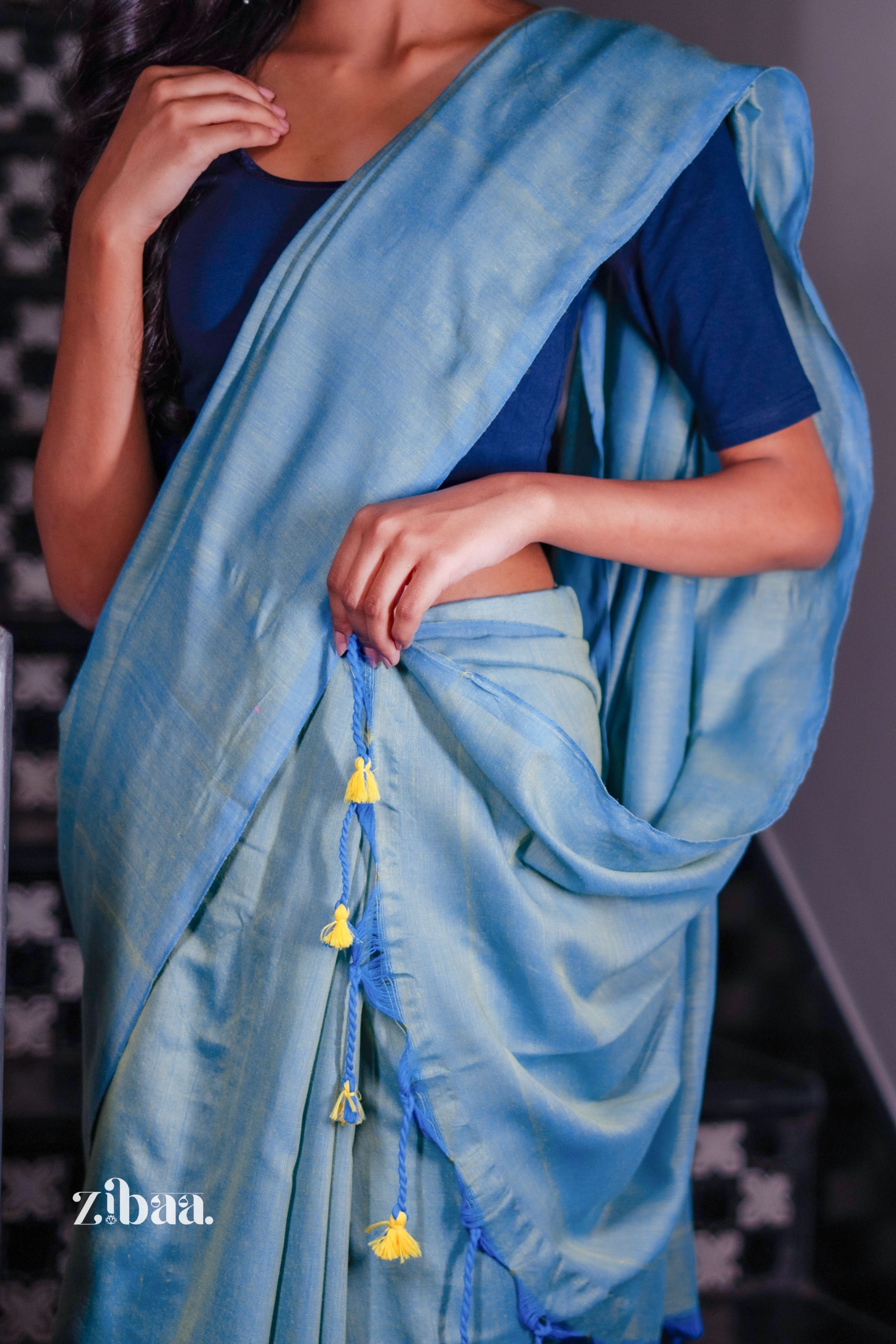 Mira Hand-Dyed Mul Cotton Teal Blue Saree with Tassels
