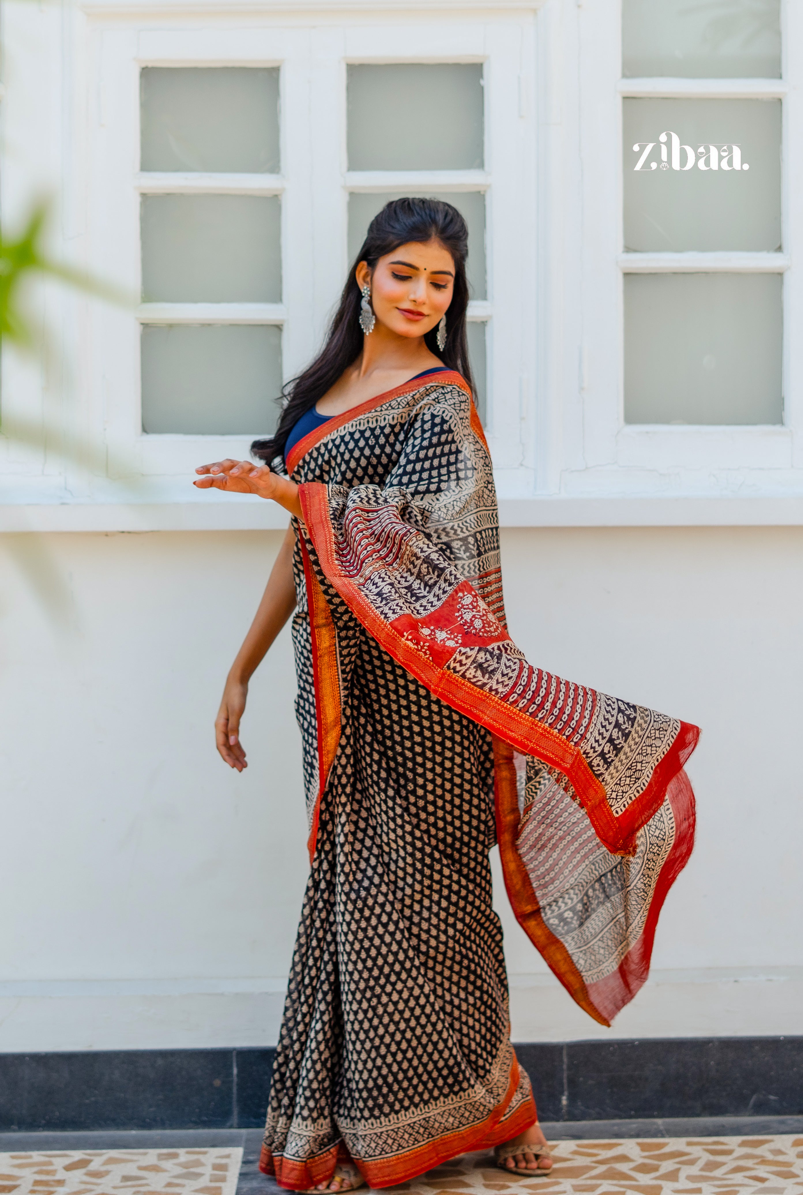 Mira Hand-Blocked Pure Maheshwari Silk Navy Blue Saree
