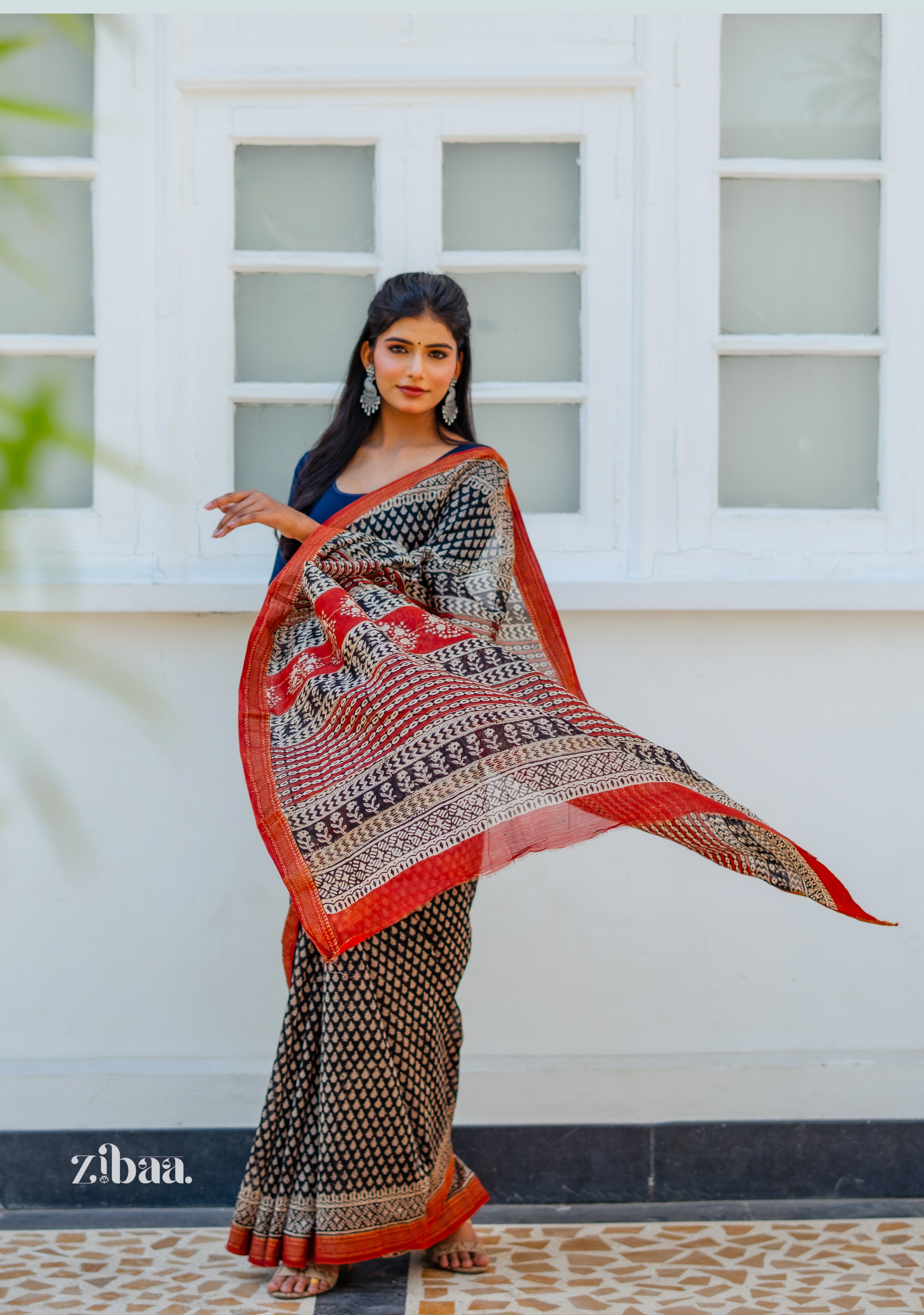 Mira Hand-Blocked Pure Maheshwari Silk Navy Blue Saree