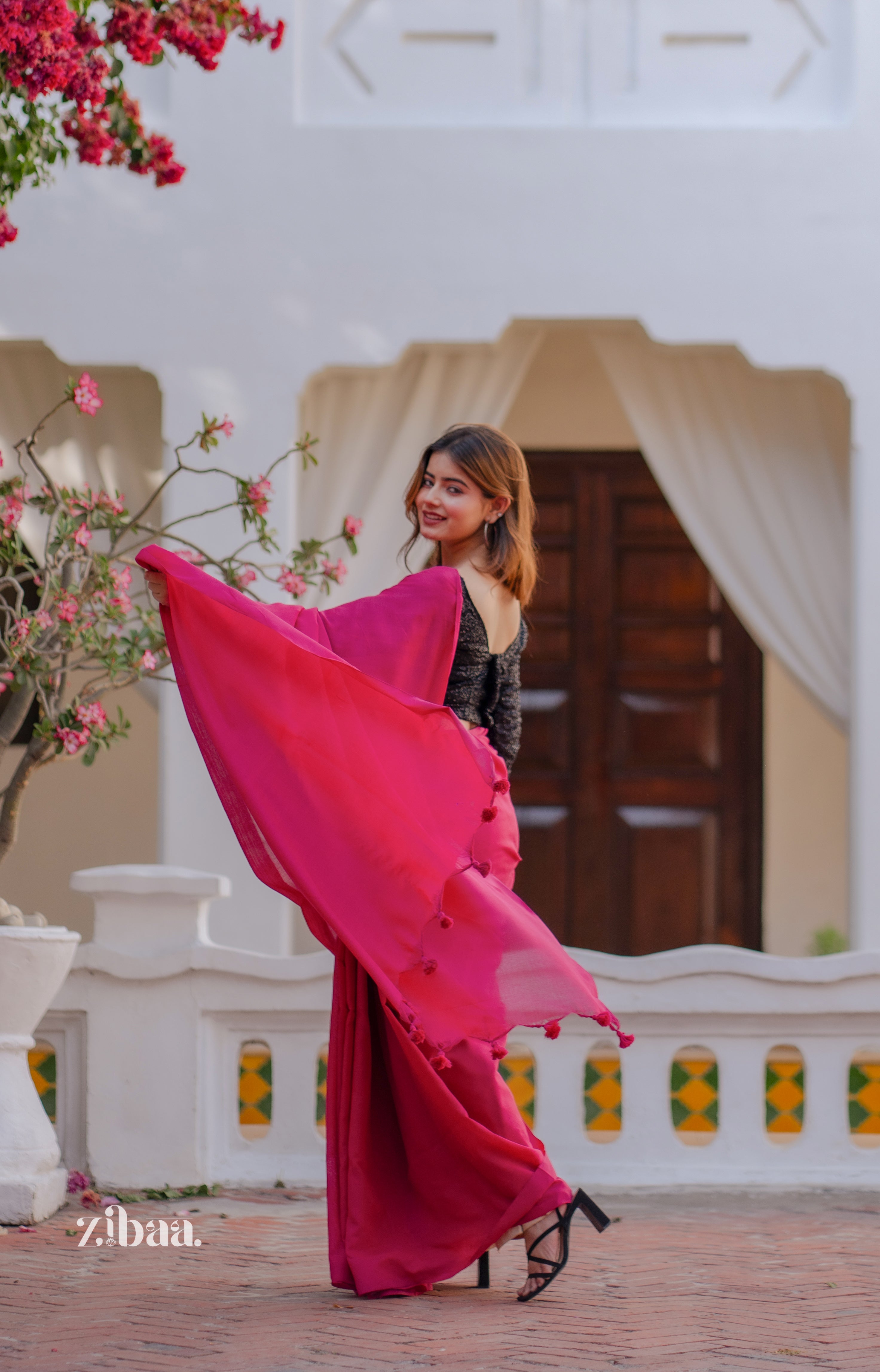 Mira Hand-Dyed Mul Cotton Pink Saree with Tassels