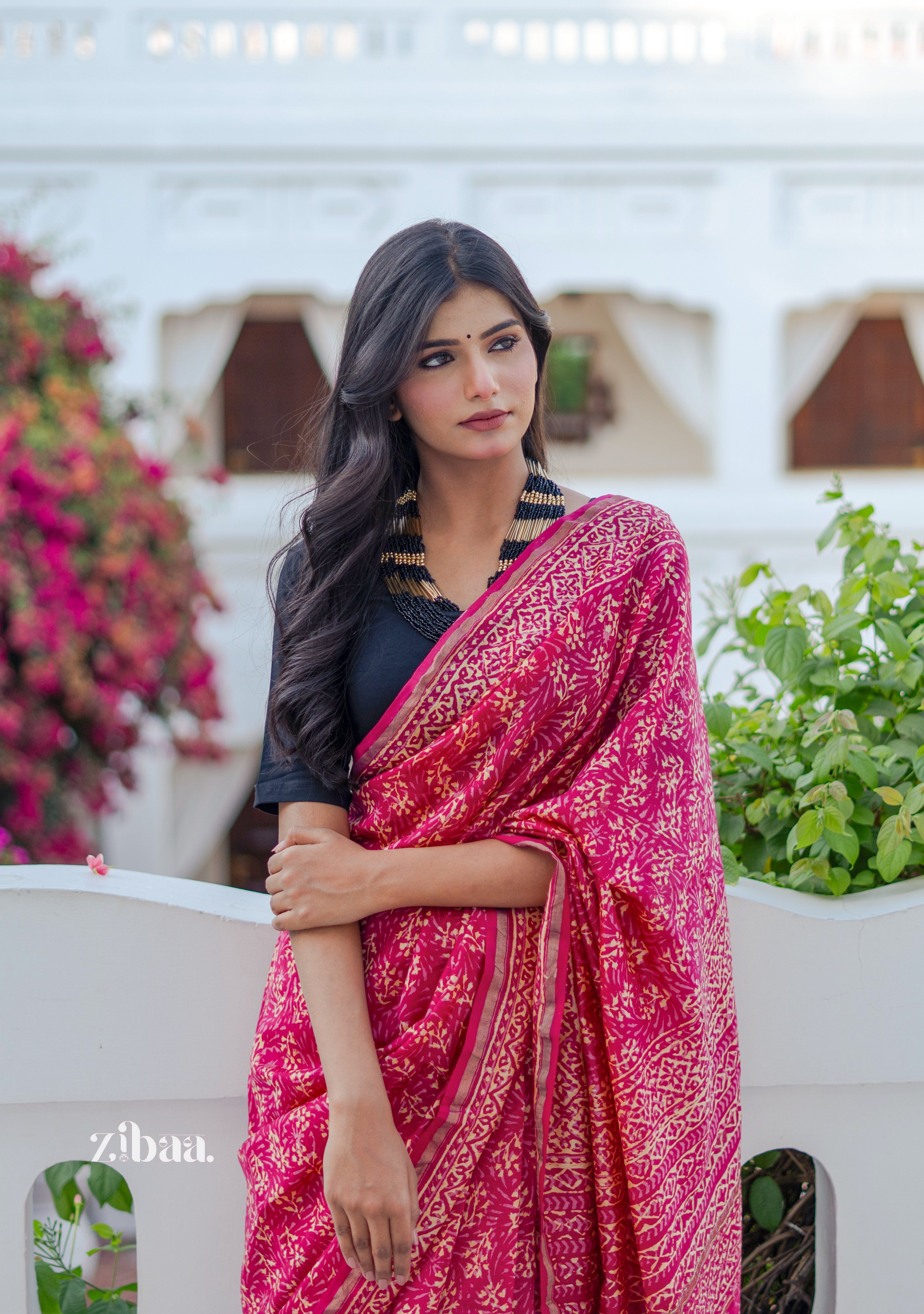 Mira Hand-Blocked Pure Chanderi Silk Pink Saree