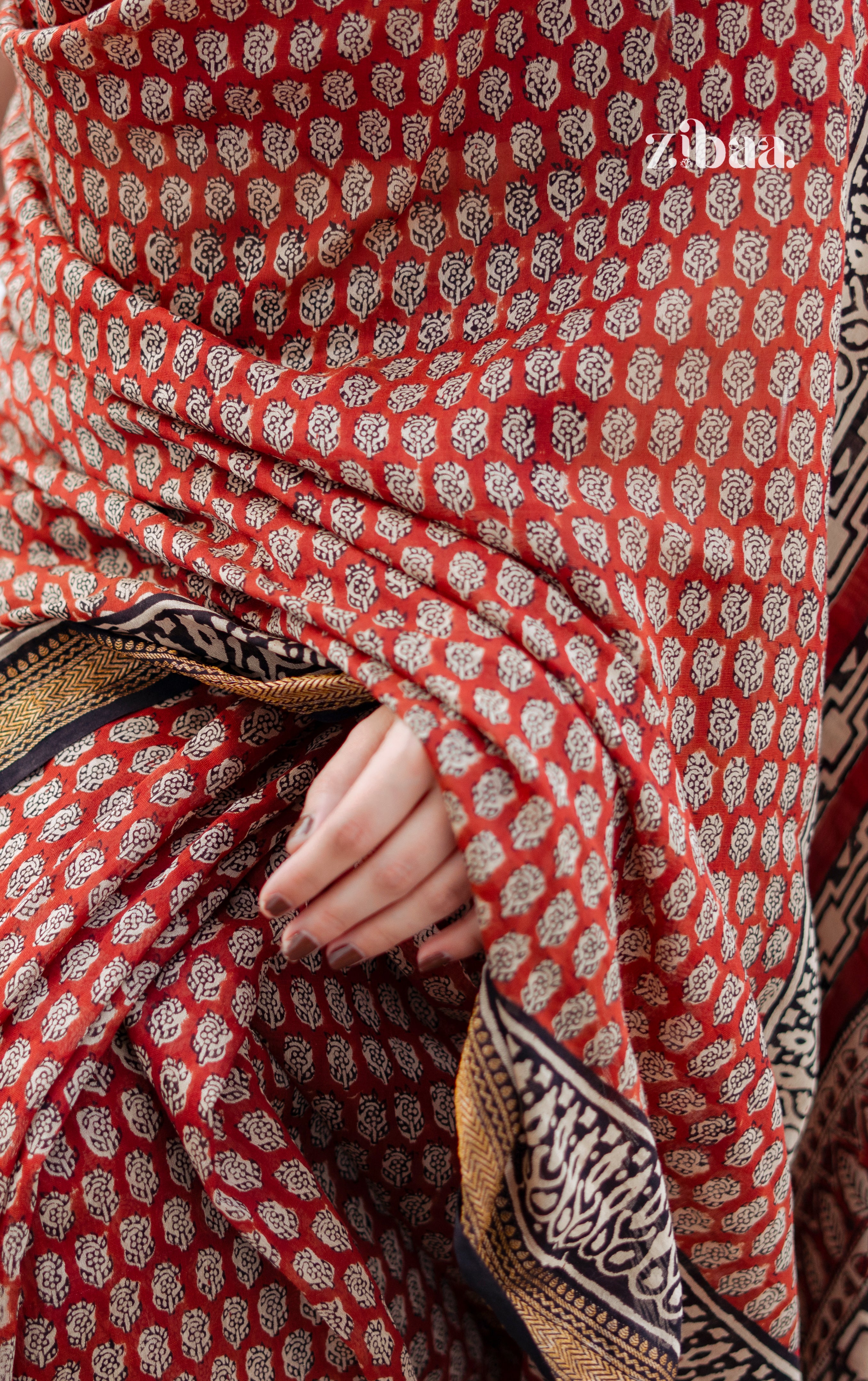 Mira Hand-Blocked Pure Maheshwari Silk Red Saree - Small Motifs