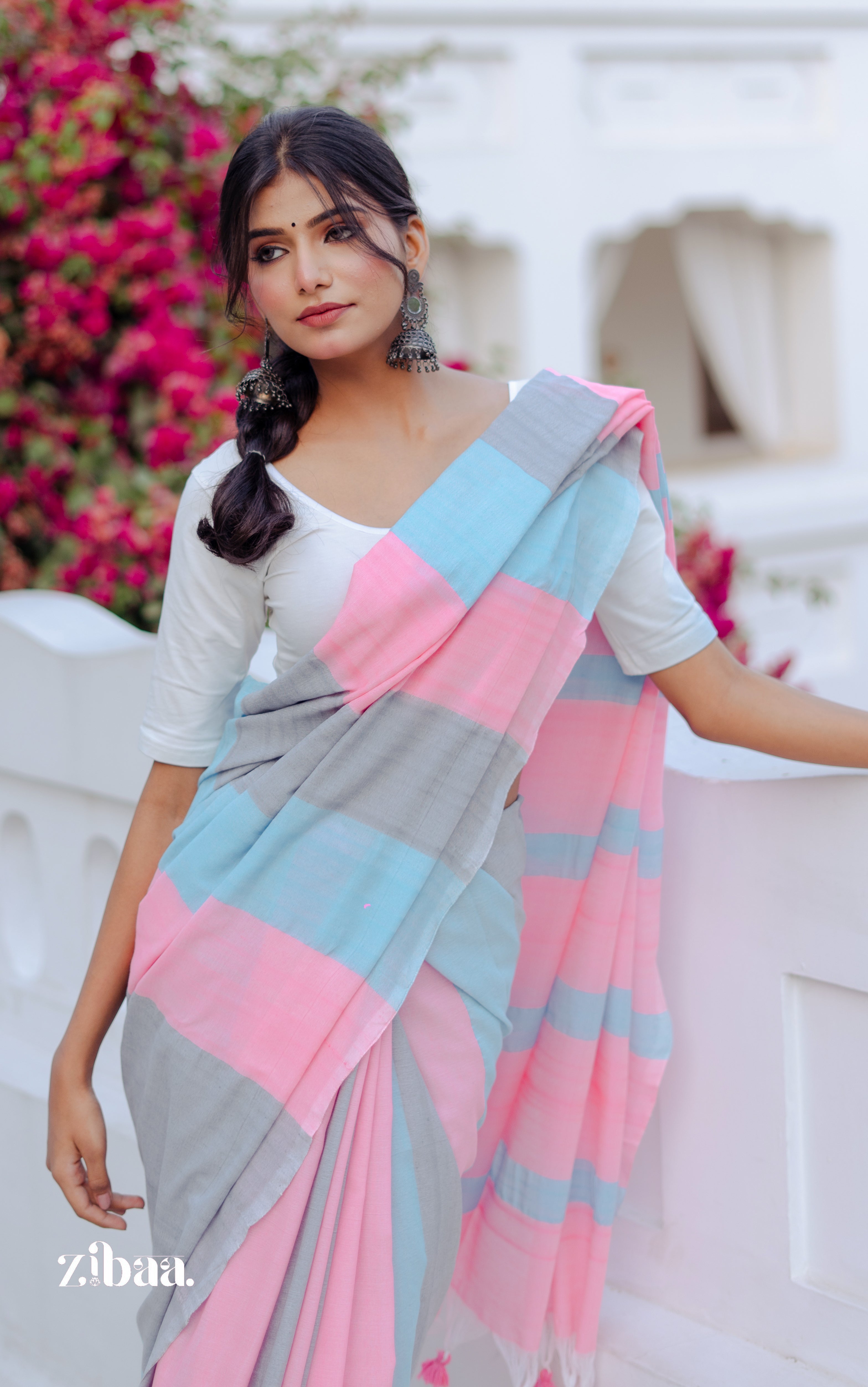 Mira Hand-Dyed Mul Cotton Striped Saree with Tassels