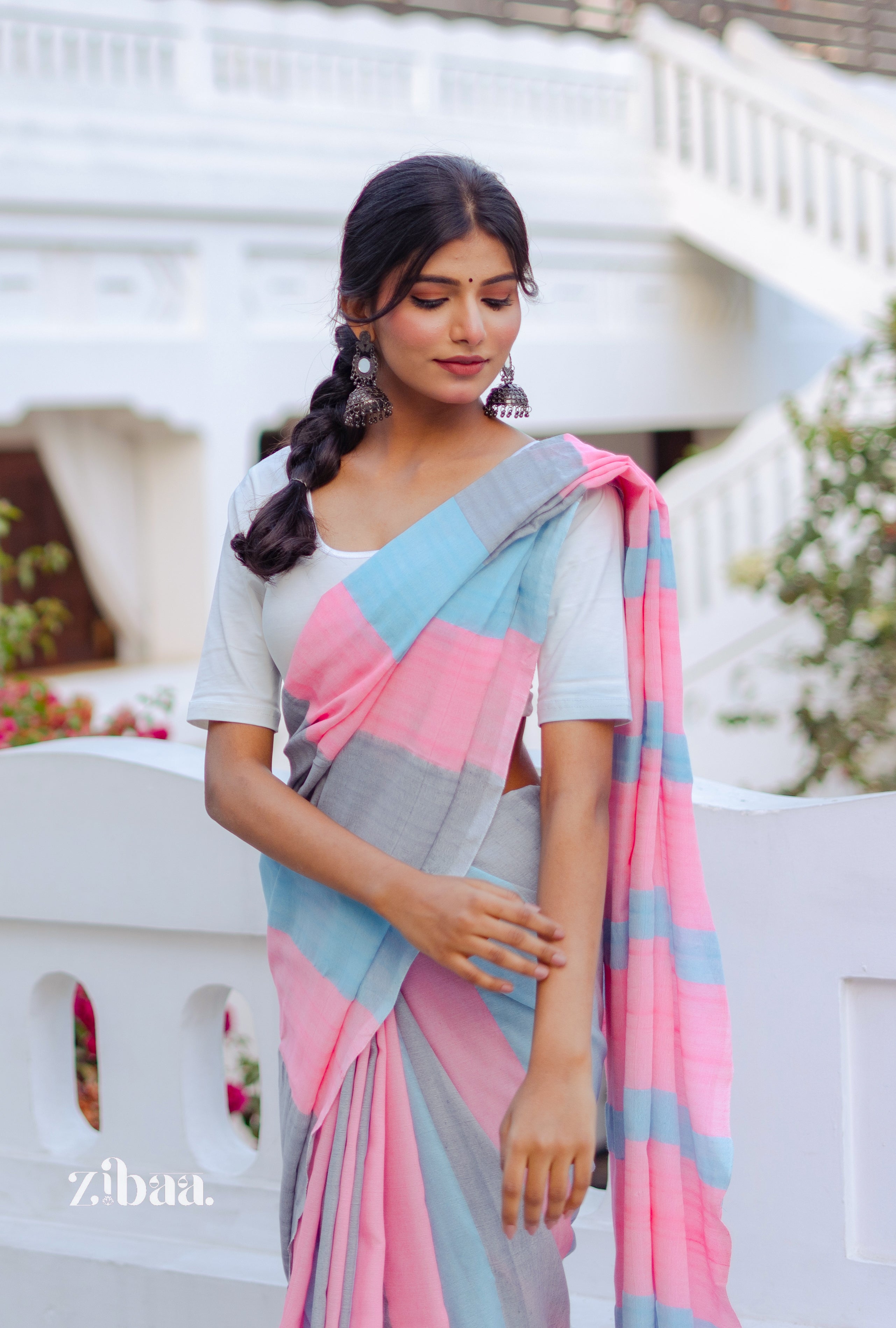 Mira Hand-Dyed Mul Cotton Striped Saree with Tassels