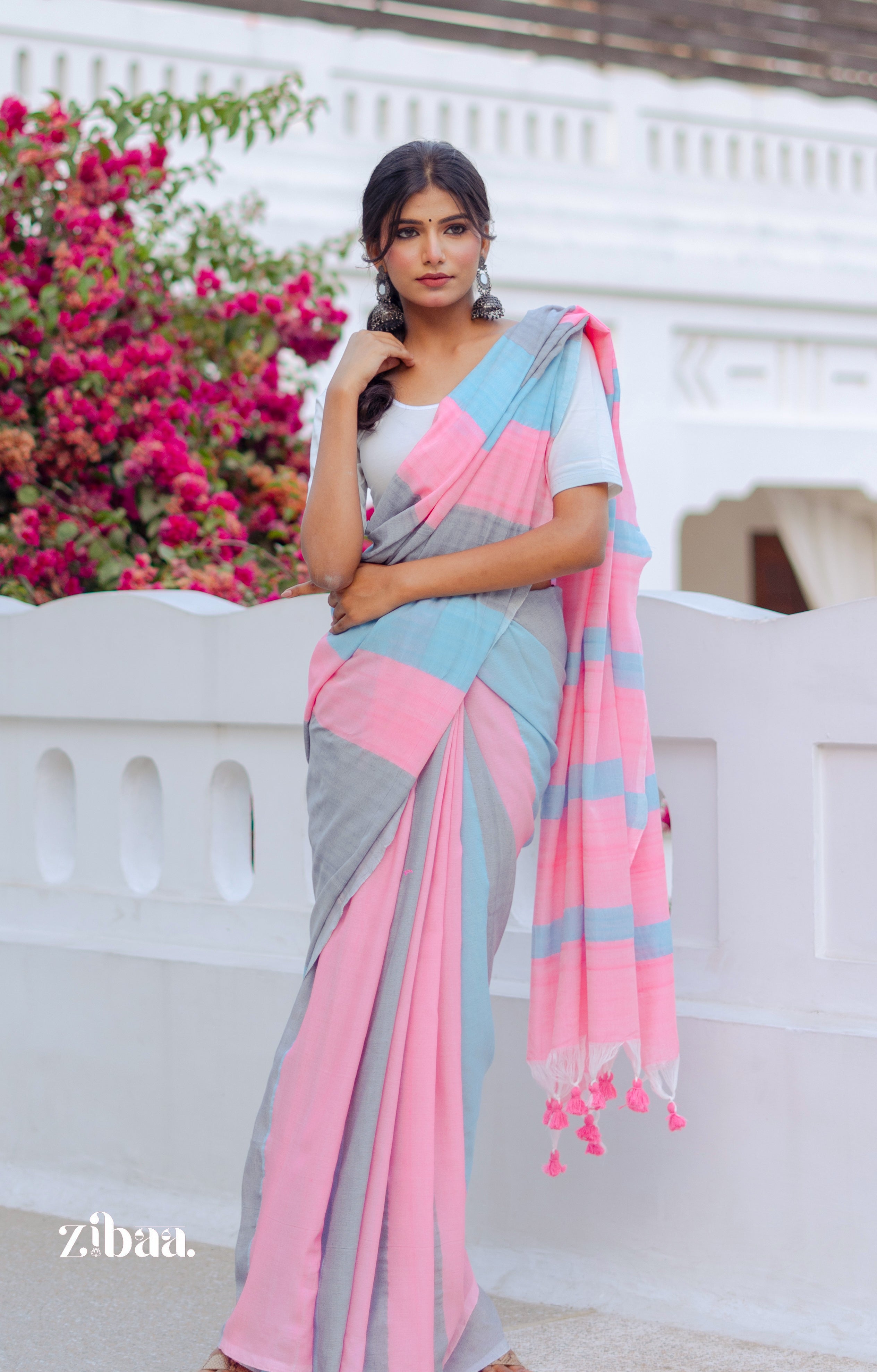Mira Hand-Dyed Mul Cotton Striped Saree with Tassels