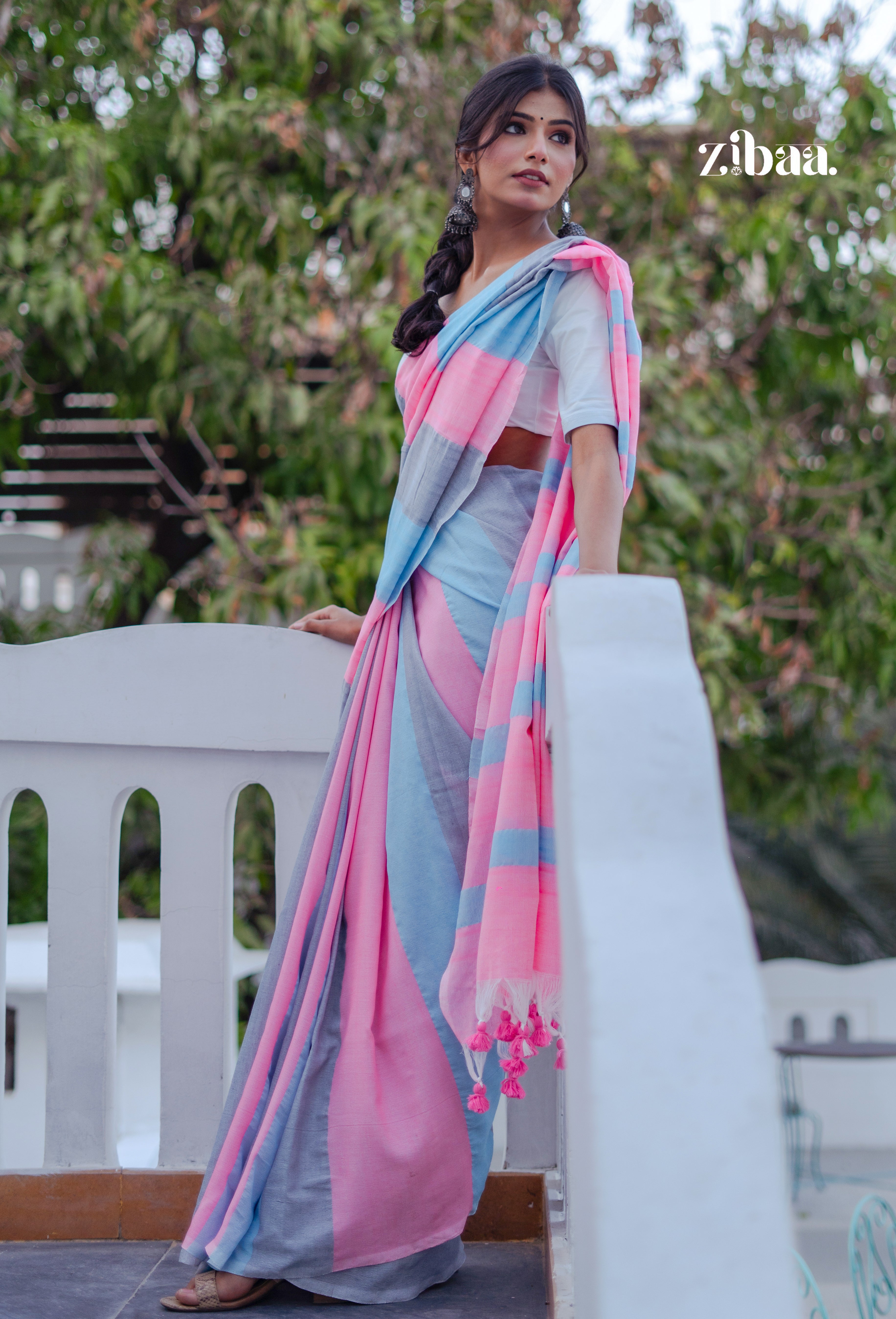 Mira Hand-Dyed Mul Cotton Striped Saree with Tassels