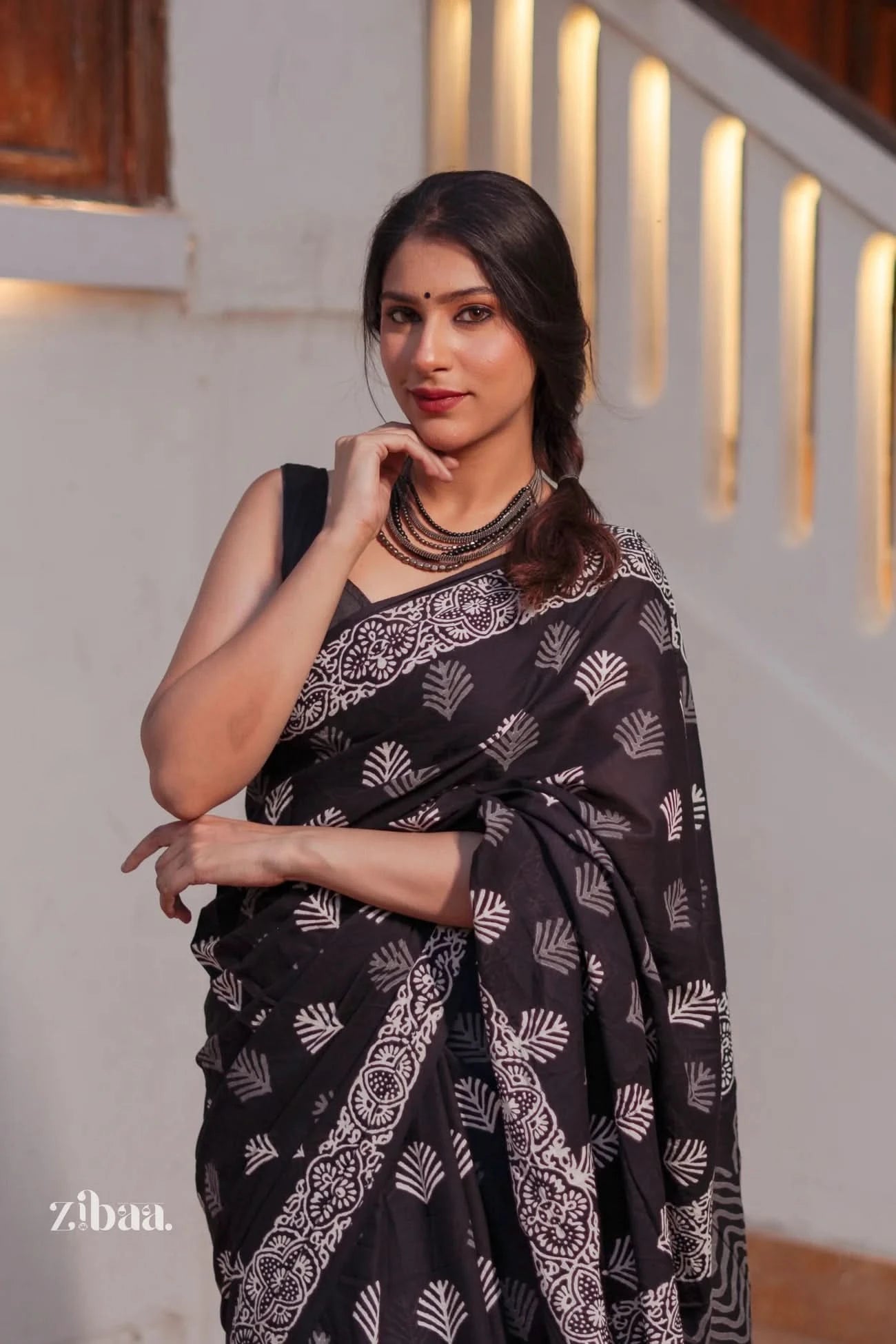 Mira Hand-Blocked Pure Mul Cotton Black Saree
