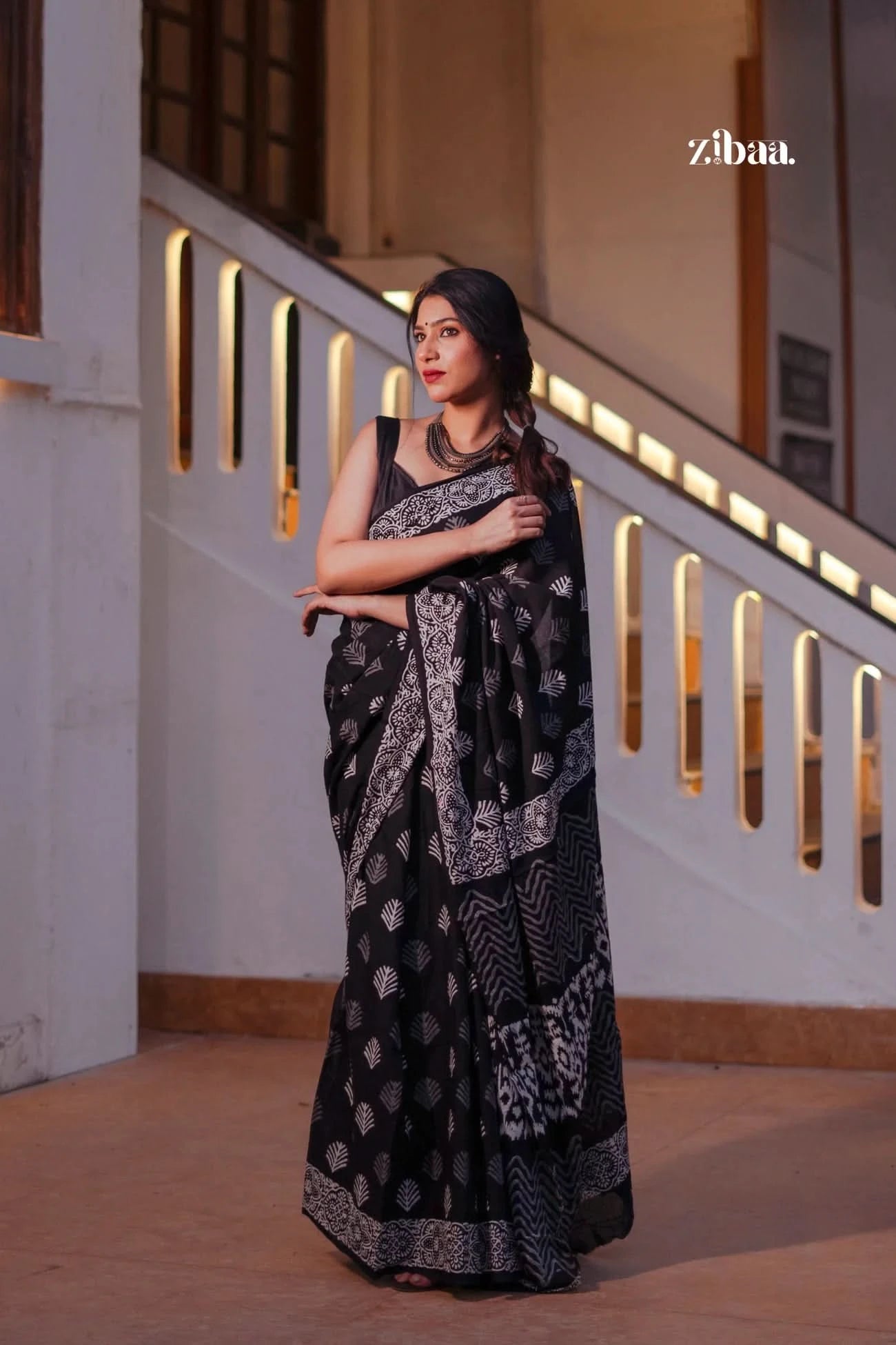 Mira Hand-Blocked Pure Mul Cotton Black Saree