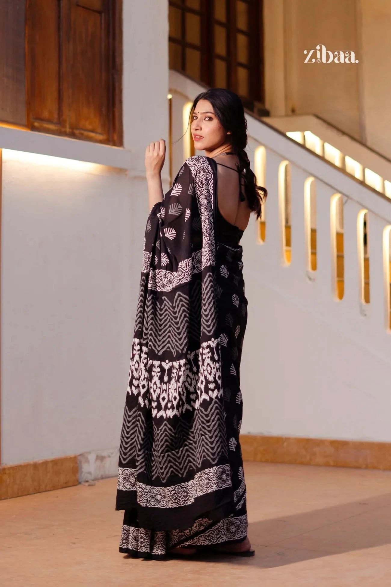 Mira Hand-Blocked Pure Mul Cotton Black Saree