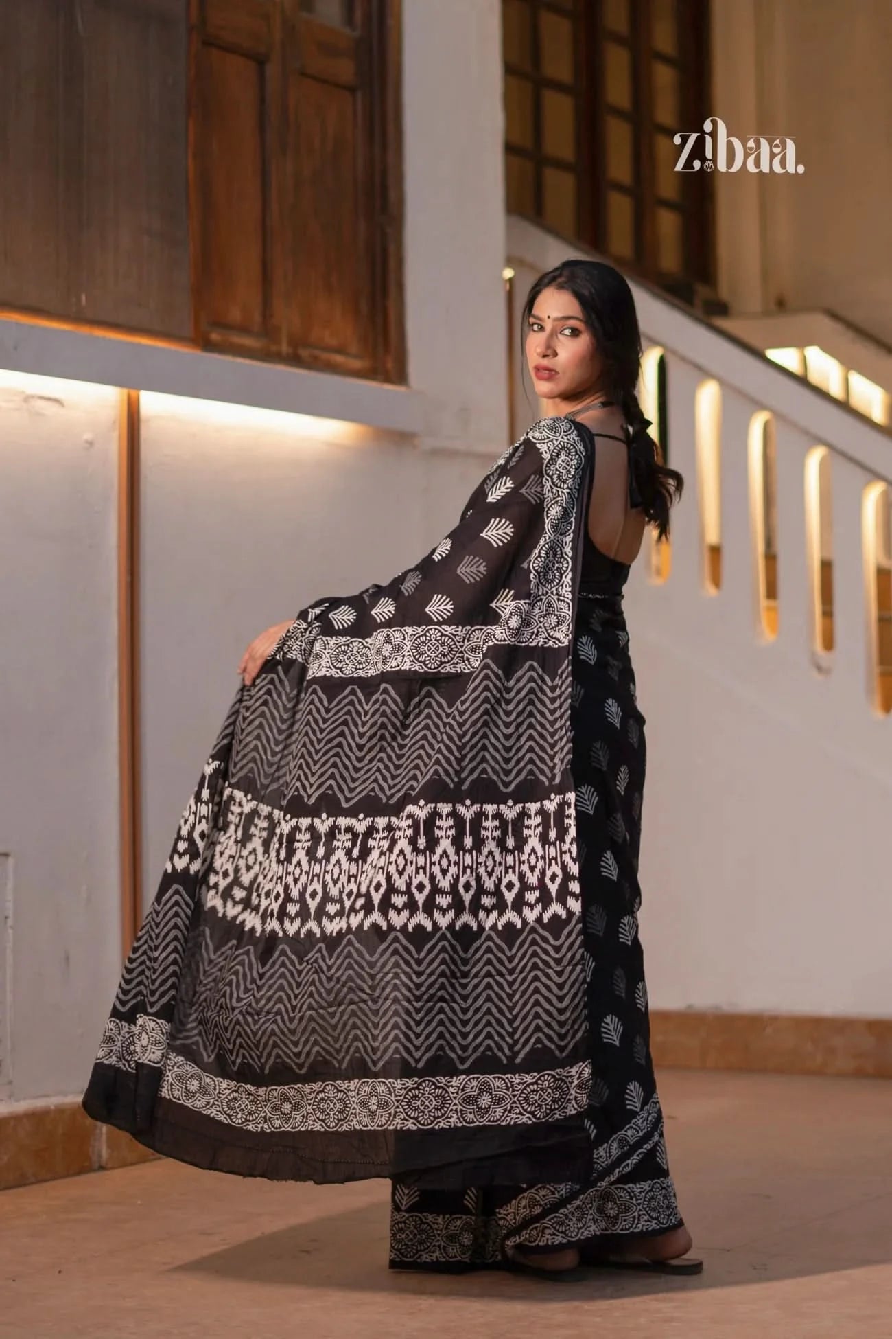 Mira Hand-Blocked Pure Mul Cotton Black Saree