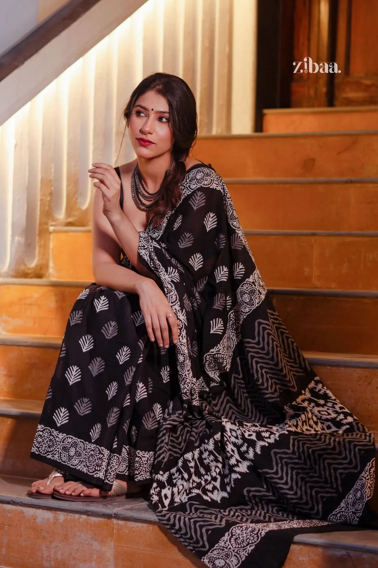 Mira Hand-Blocked Pure Mul Cotton Black Saree