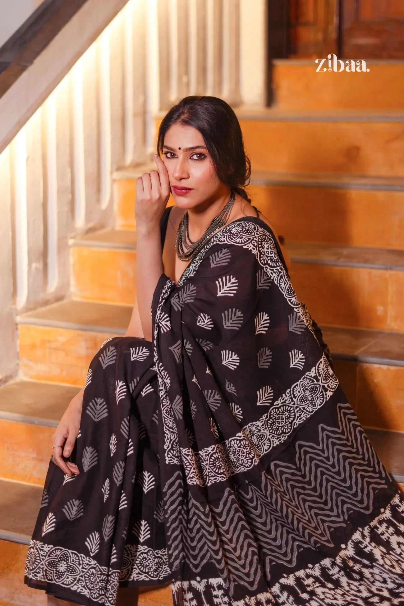 Mira Hand-Blocked Pure Mul Cotton Black Saree