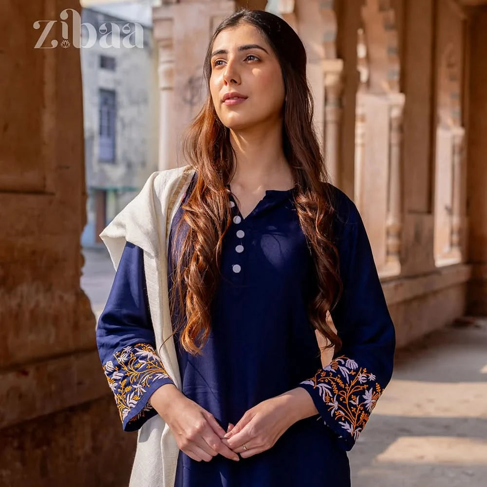 Husn Luxury Rayon Blue Chikankari Kurta Set with Kota Dupatta