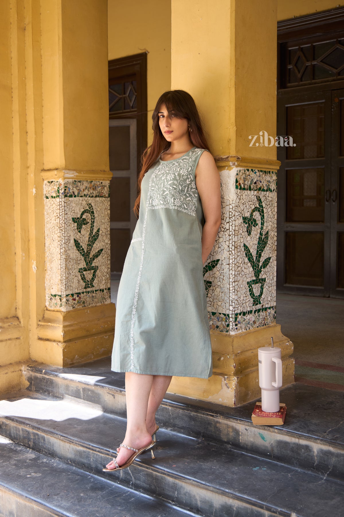 Utsav Linen Dusty Sage Green Chikankari Dress