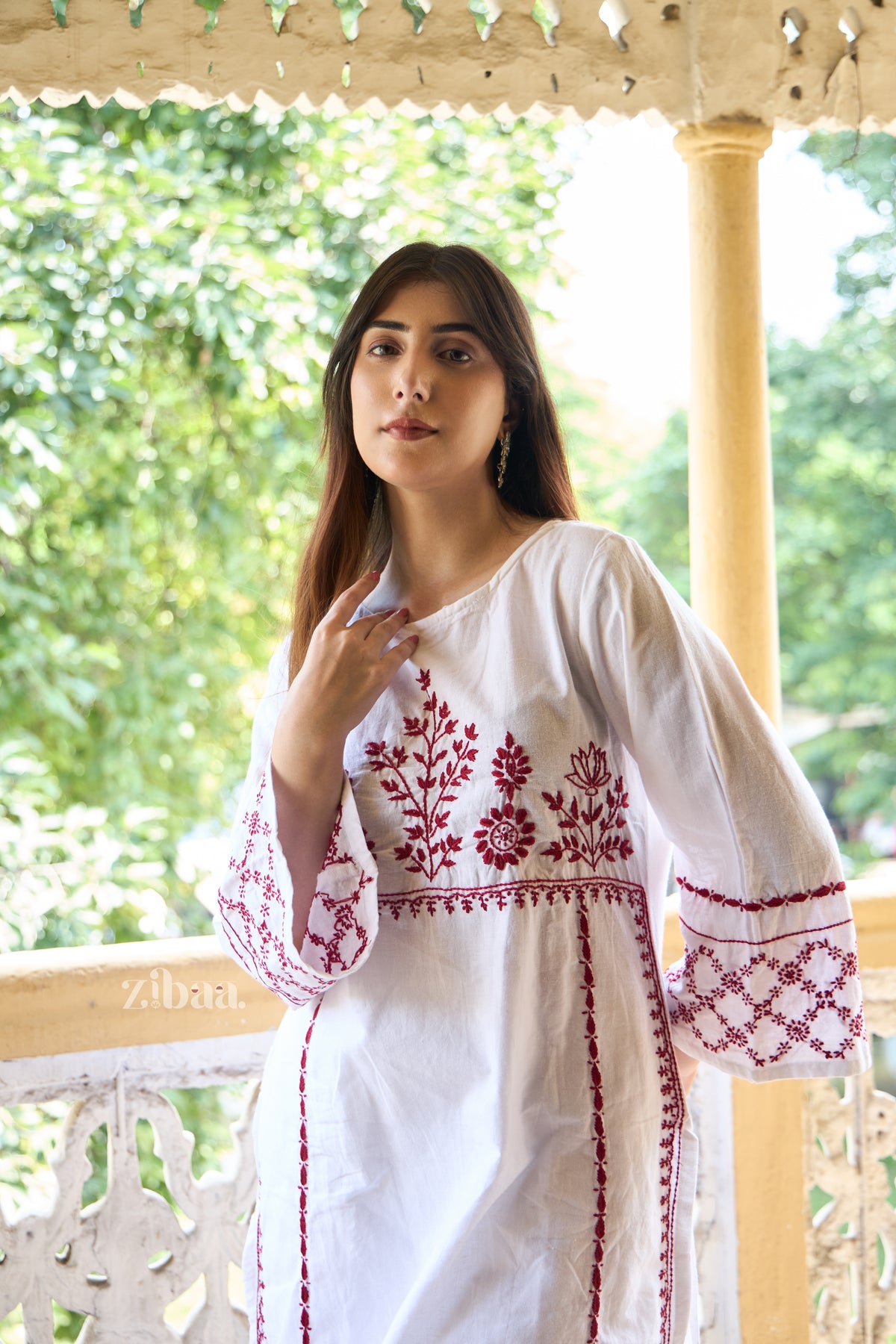 Utsav Linen White & Red Chikankari Kurta