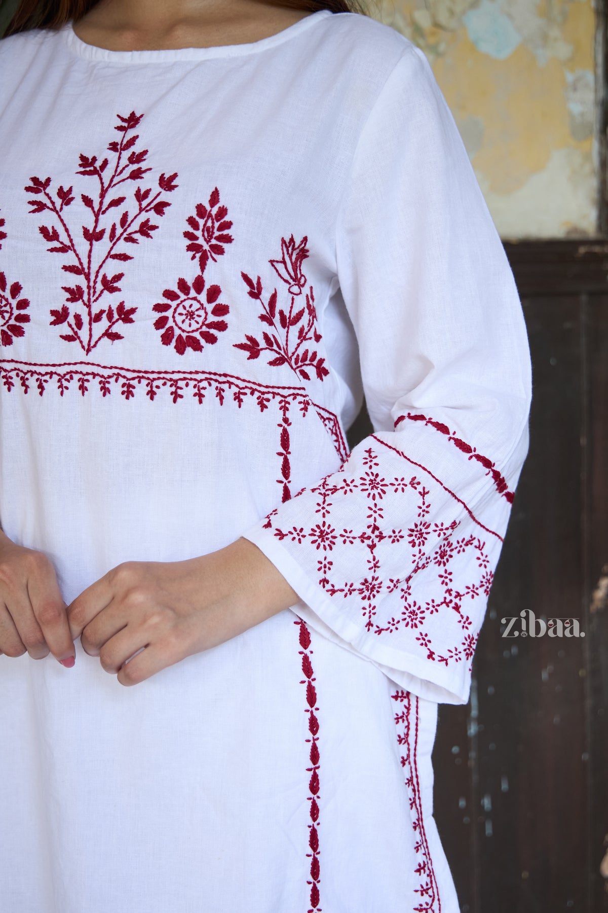 Utsav Linen White & Red Chikankari Kurta