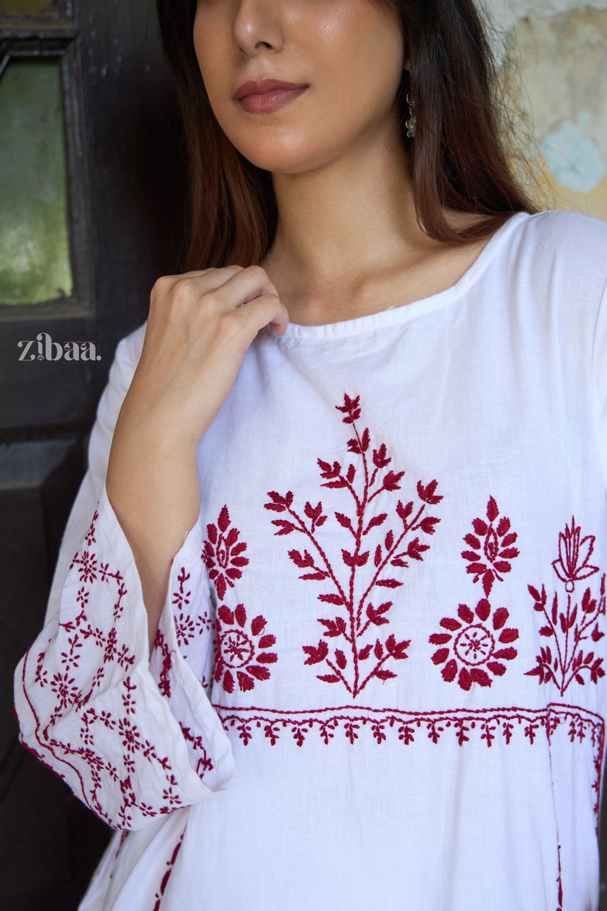 Utsav Linen White & Red Chikankari Kurta