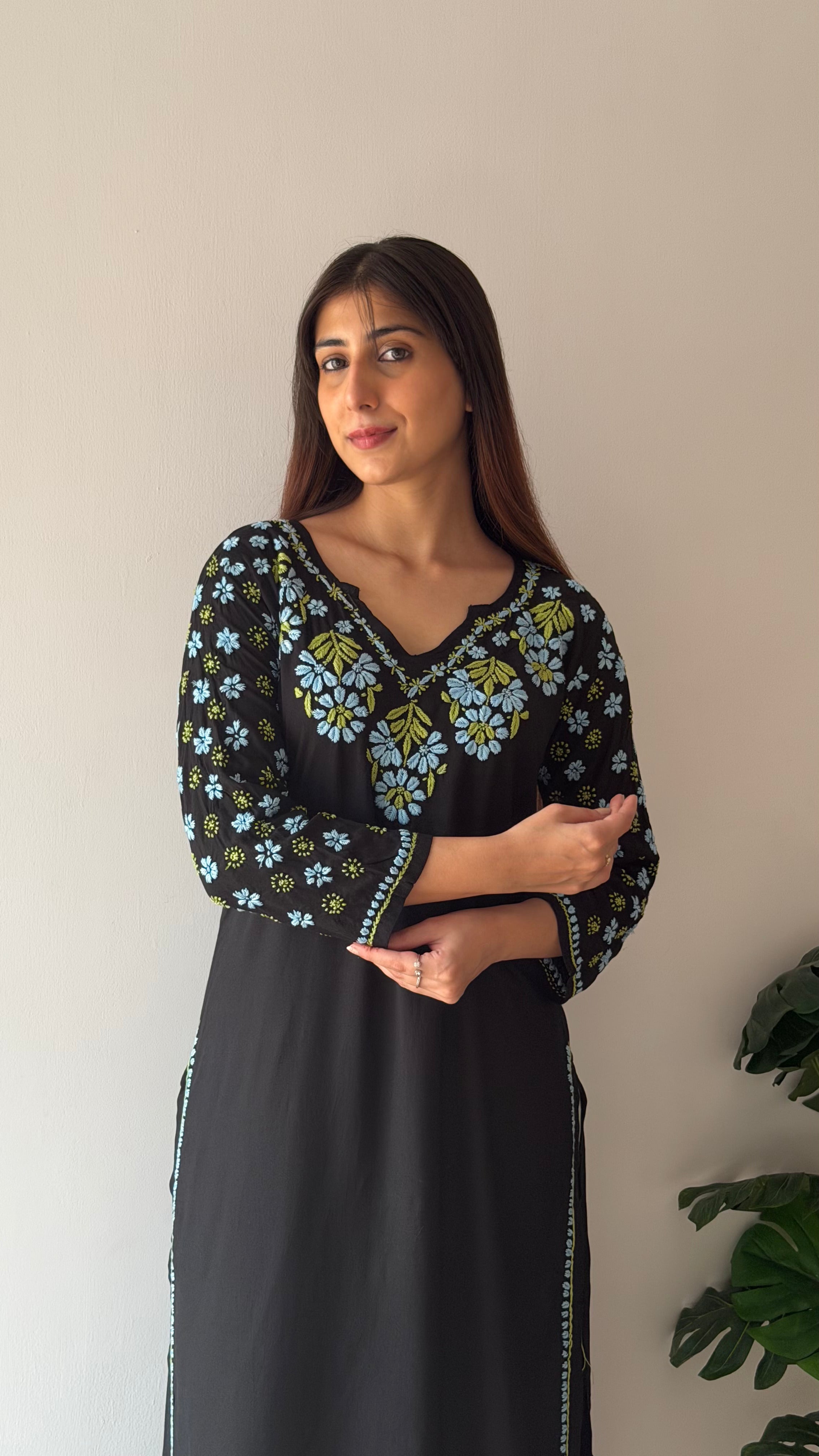 Nazm Rayon Black Chikankari Kurta with Jaal work