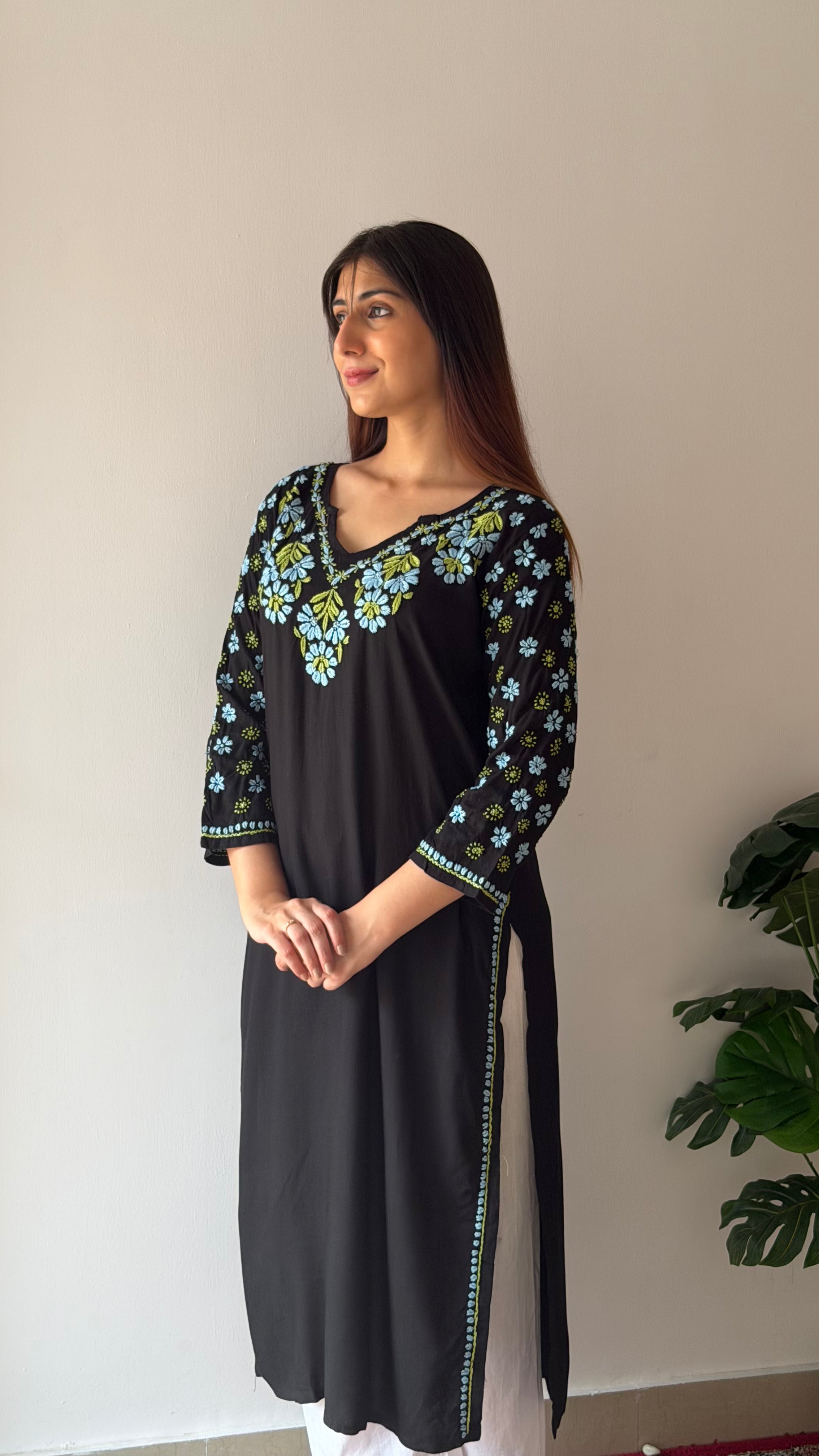 Nazm Rayon Black Chikankari Kurta with Jaal work