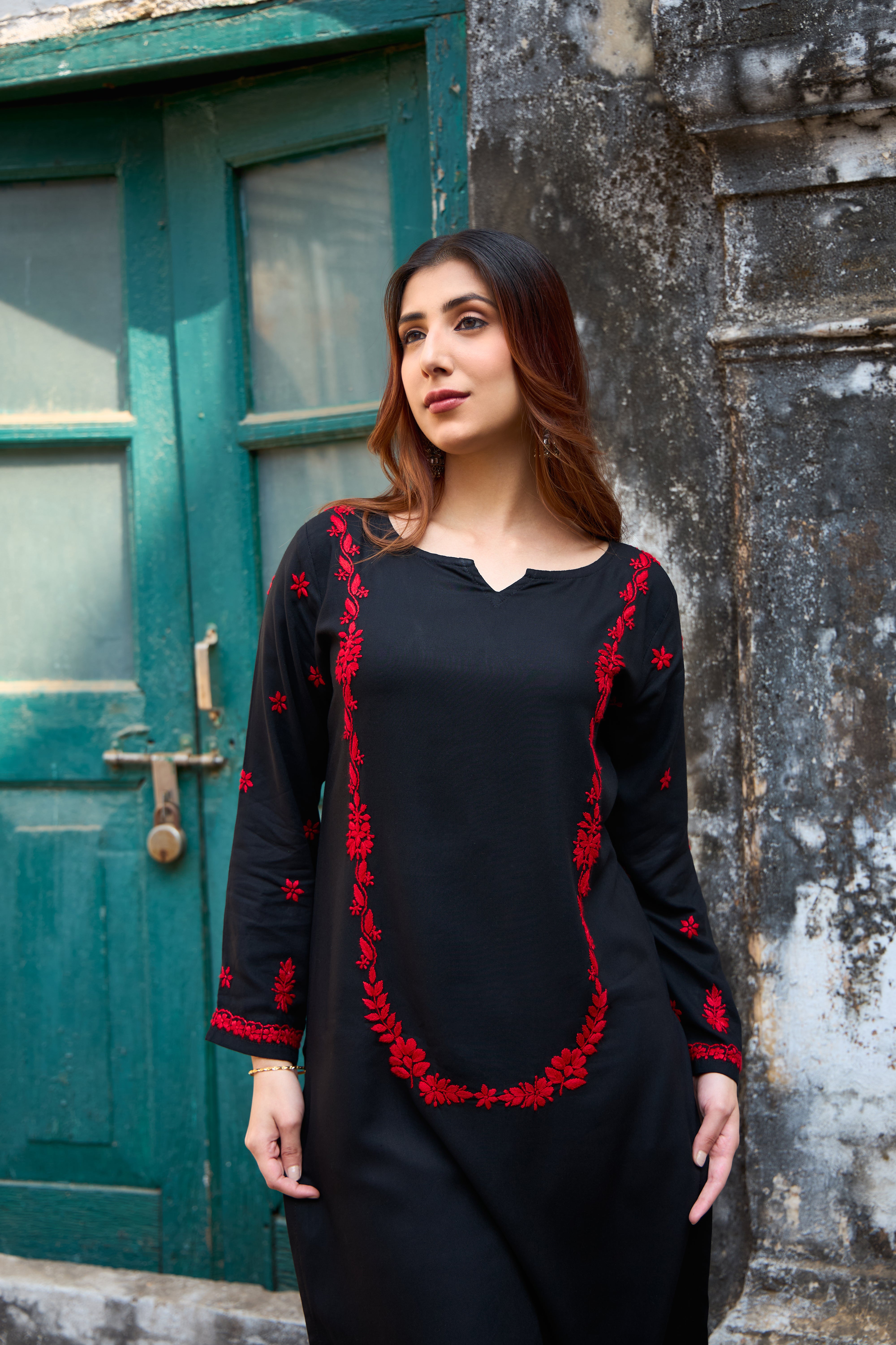 Nazm Rayon Red & Black Chikankari Coord Set