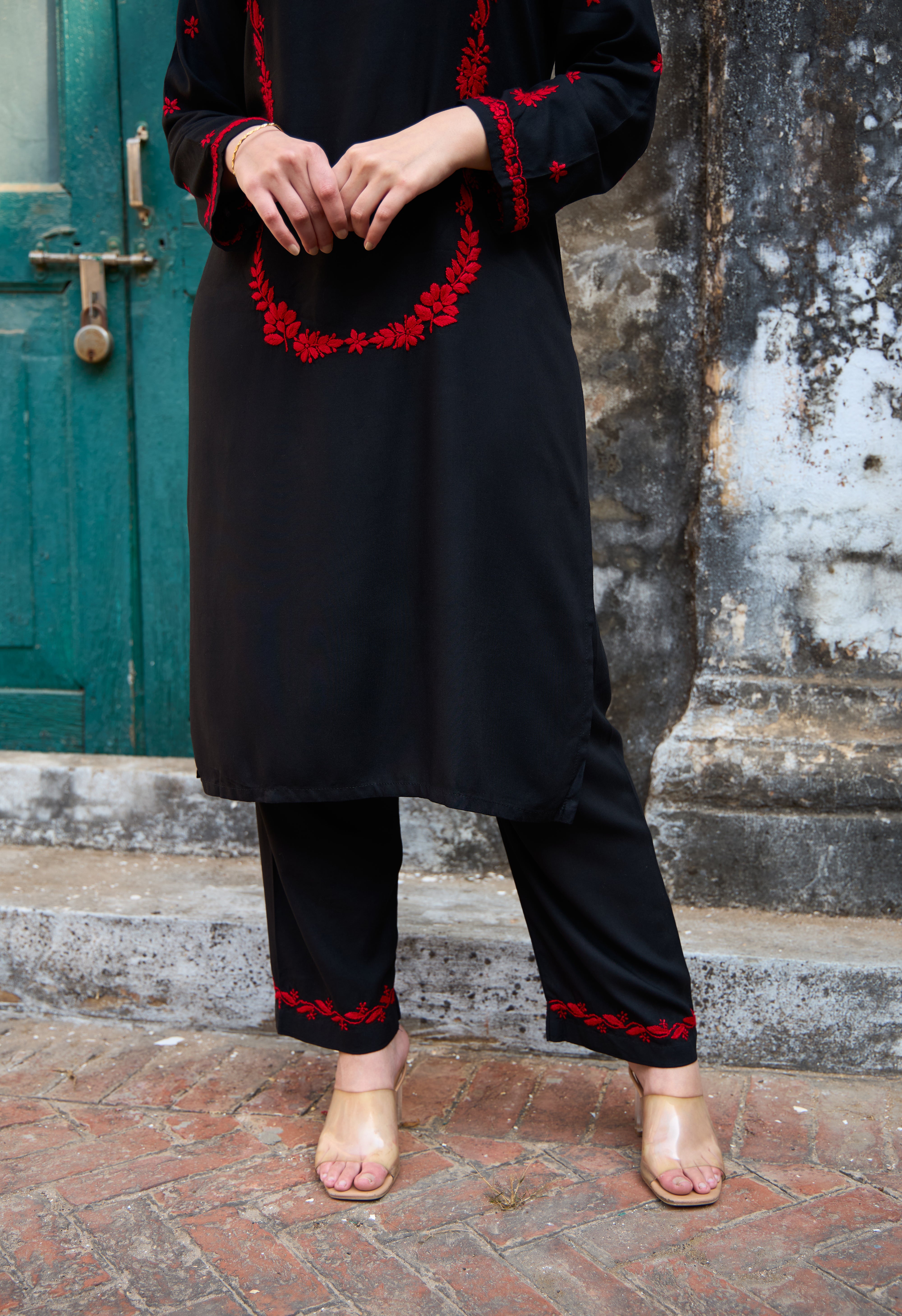 Nazm Rayon Red & Black Chikankari Coord Set
