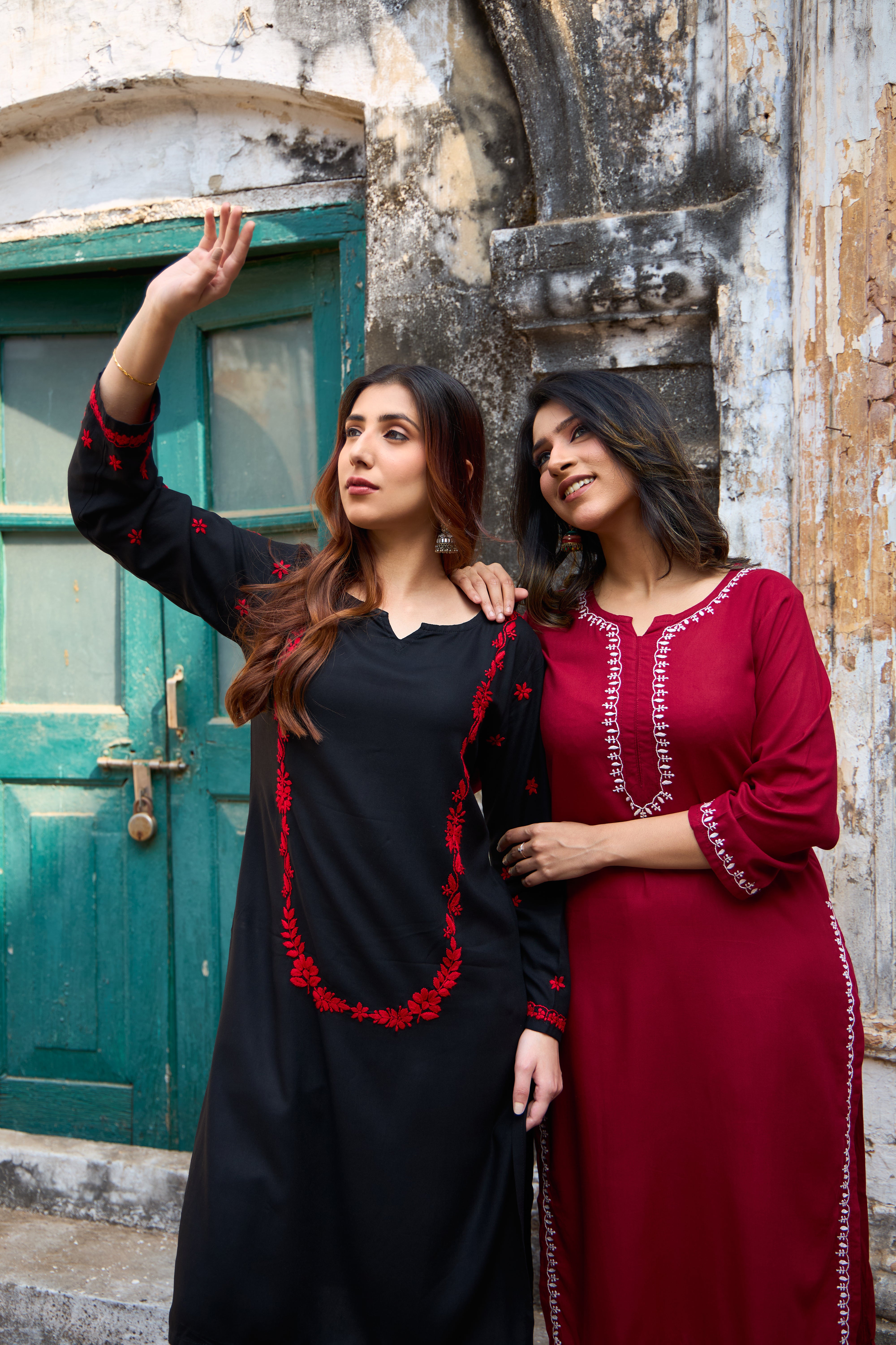 Nazm Rayon Red & Black Chikankari Coord Set