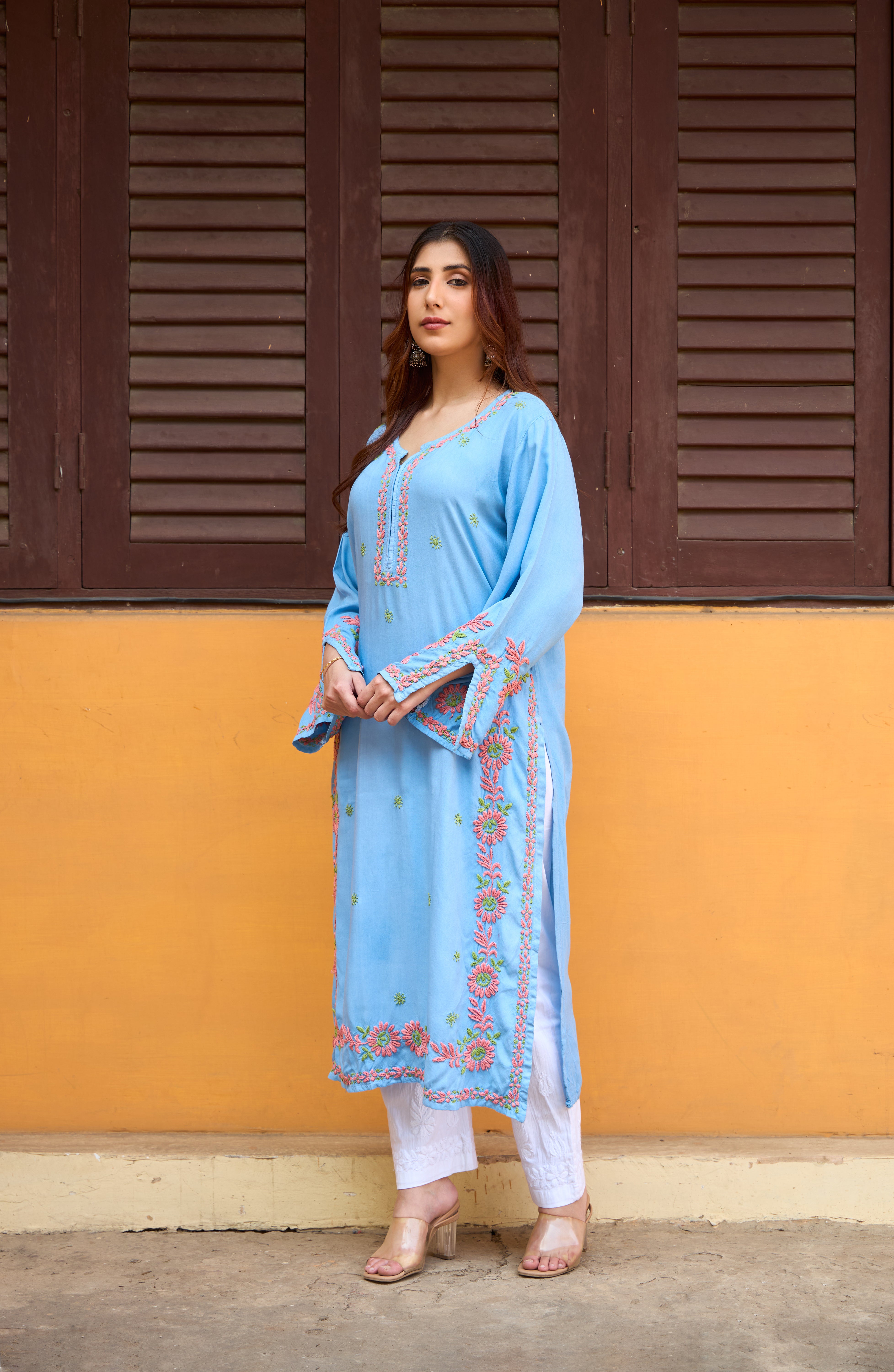 Nazm Rayon Powder Blue Blossom Chikankari Kurta