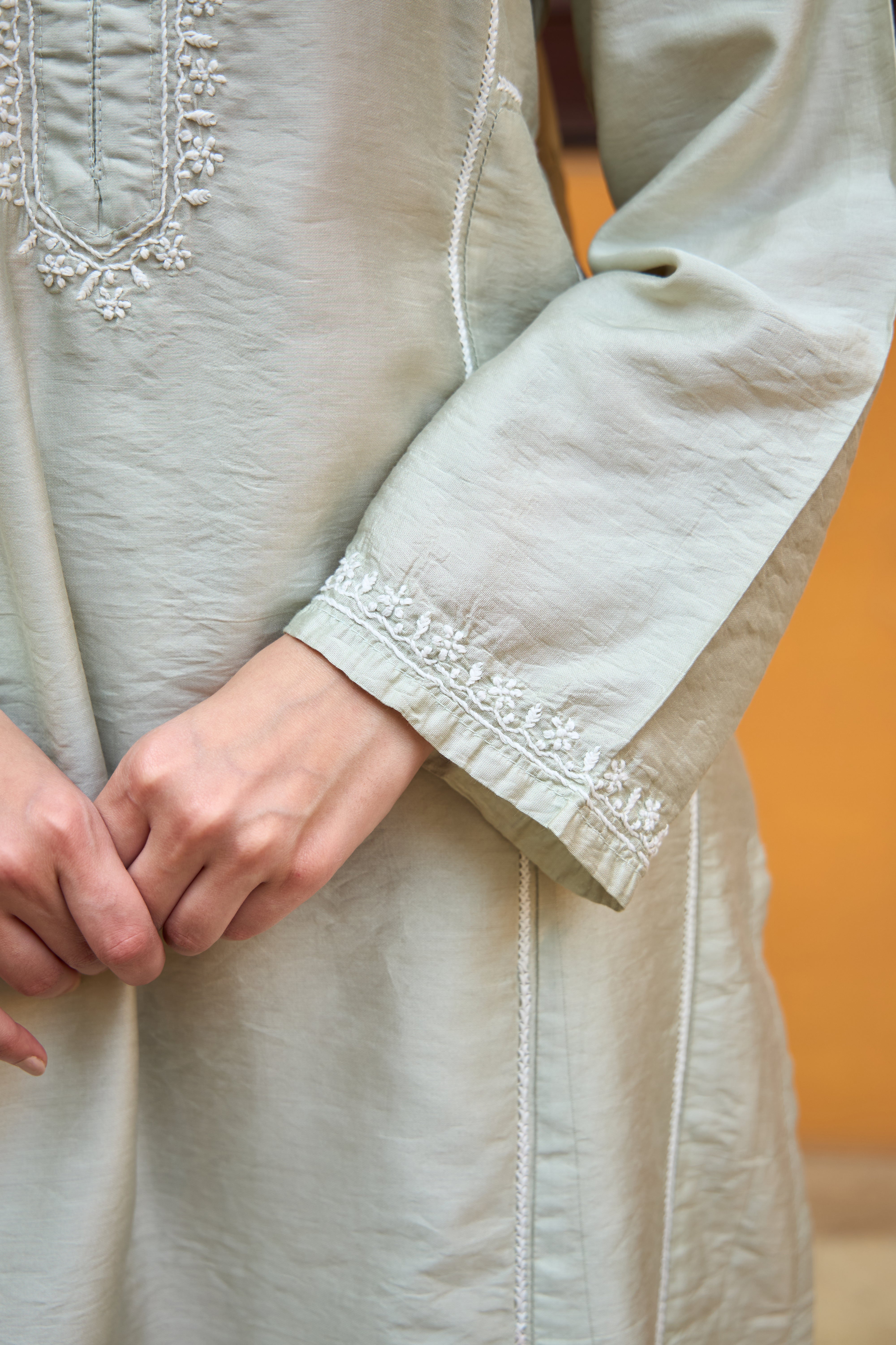 Nazm Chanderi Pistachio Green Chikankari Kurta