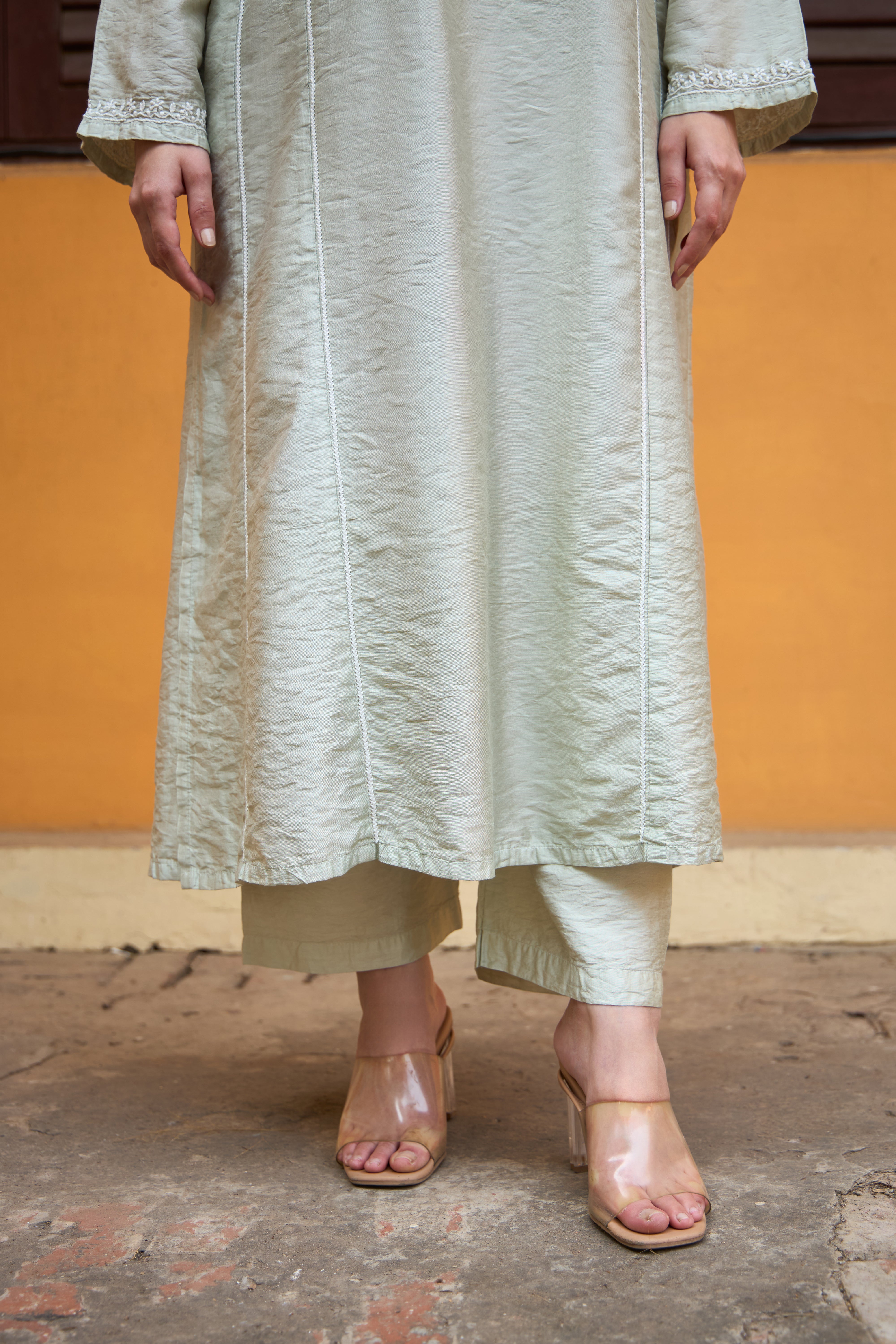 Nazm Chanderi Pistachio Green Chikankari Kurta