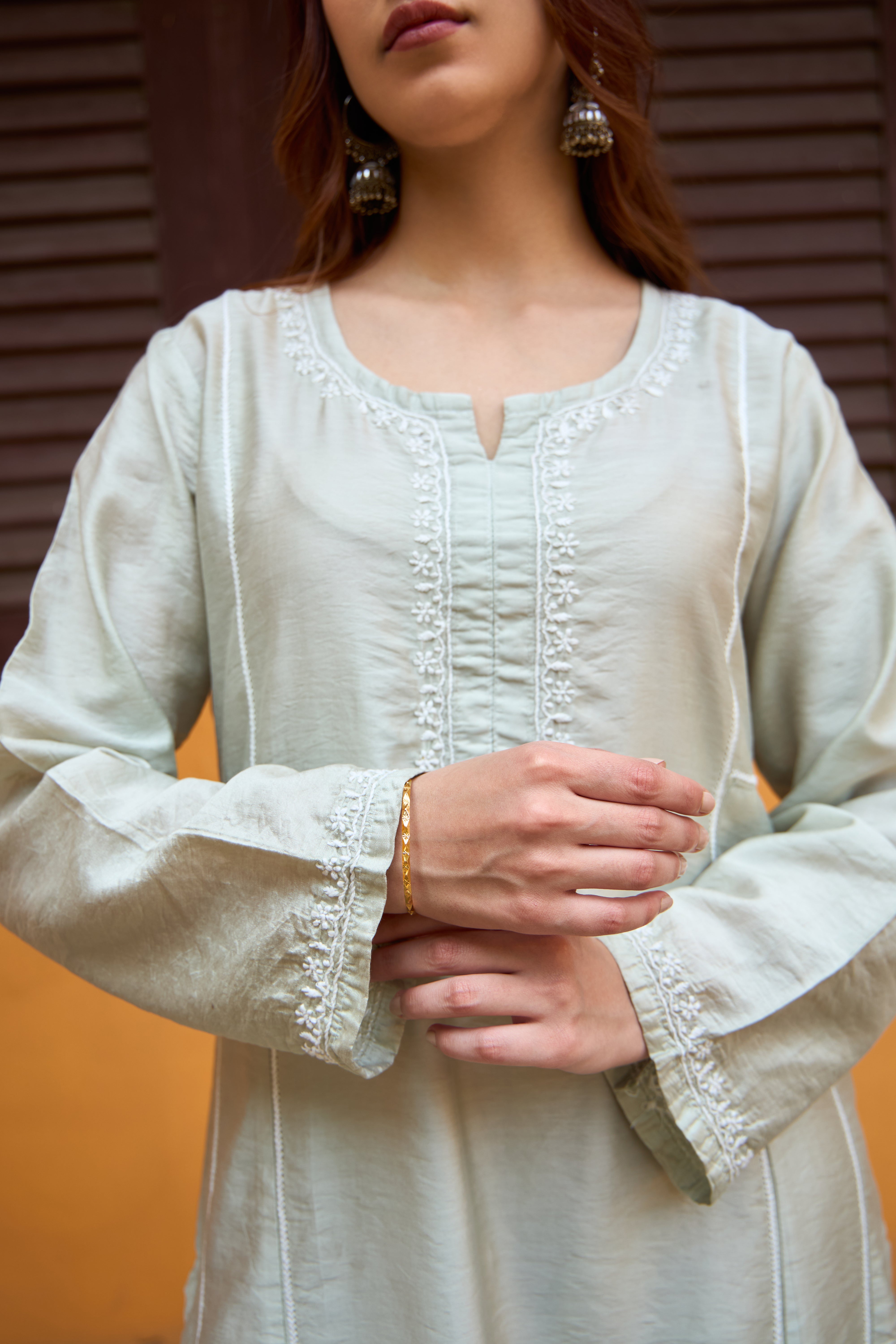 Nazm Chanderi Pistachio Green Chikankari Kurta