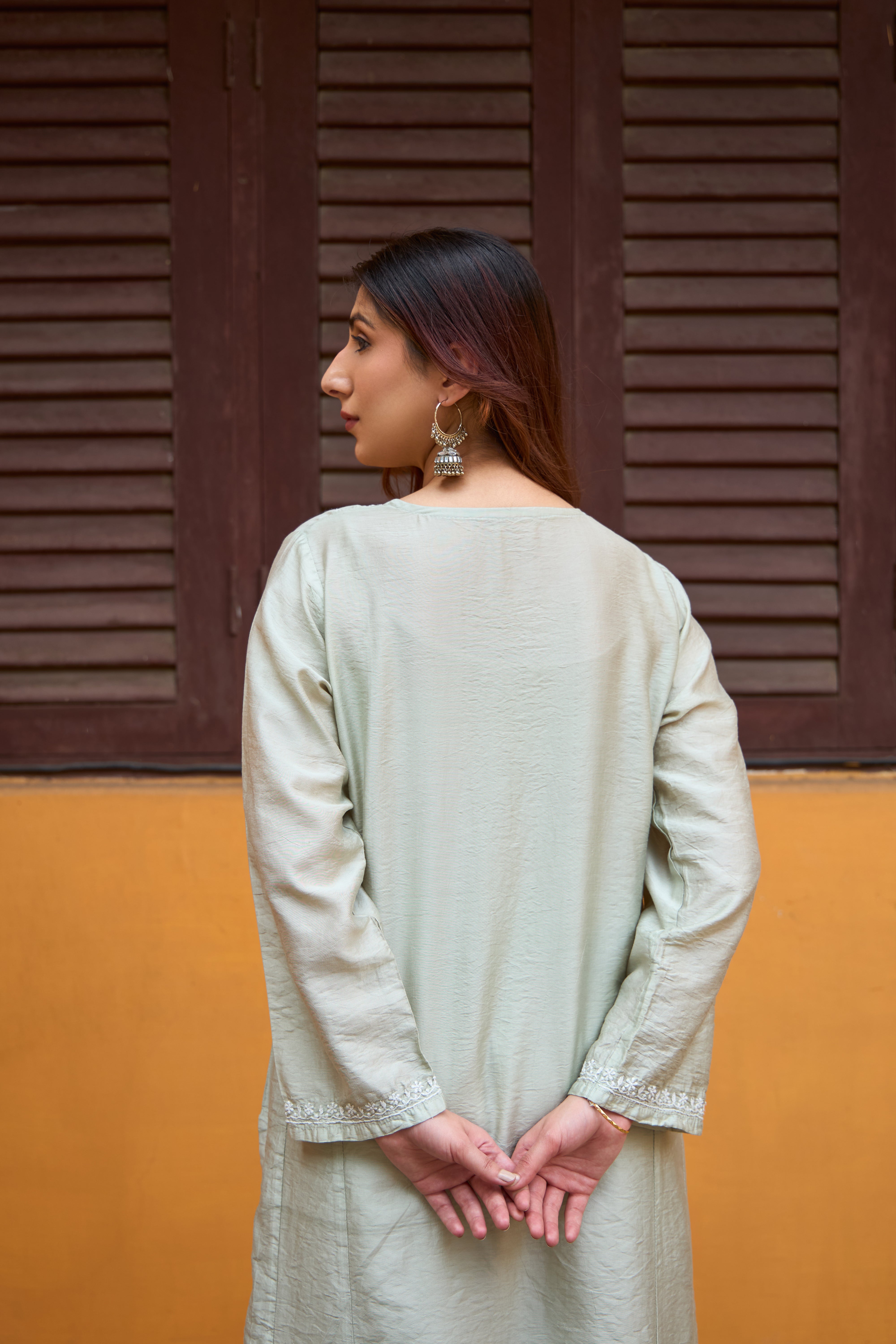 Nazm Chanderi Pistachio Green Chikankari Kurta