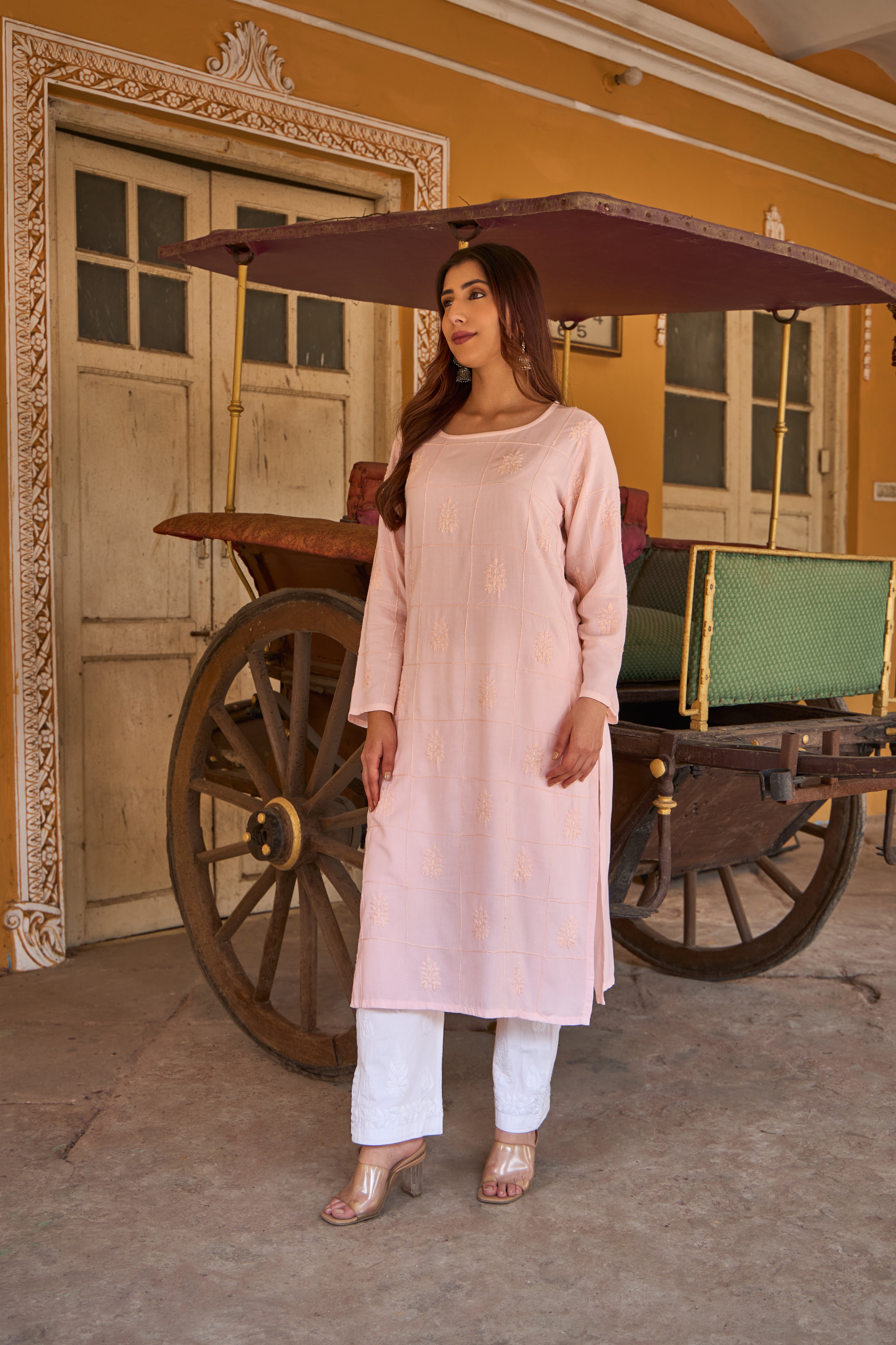 Nazm Rayon Champagne Pink Chikankari Kurta
